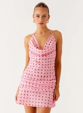 Cyna Cowl Mini Dress - Strawberry Dot Cotton Skin Grass Soft