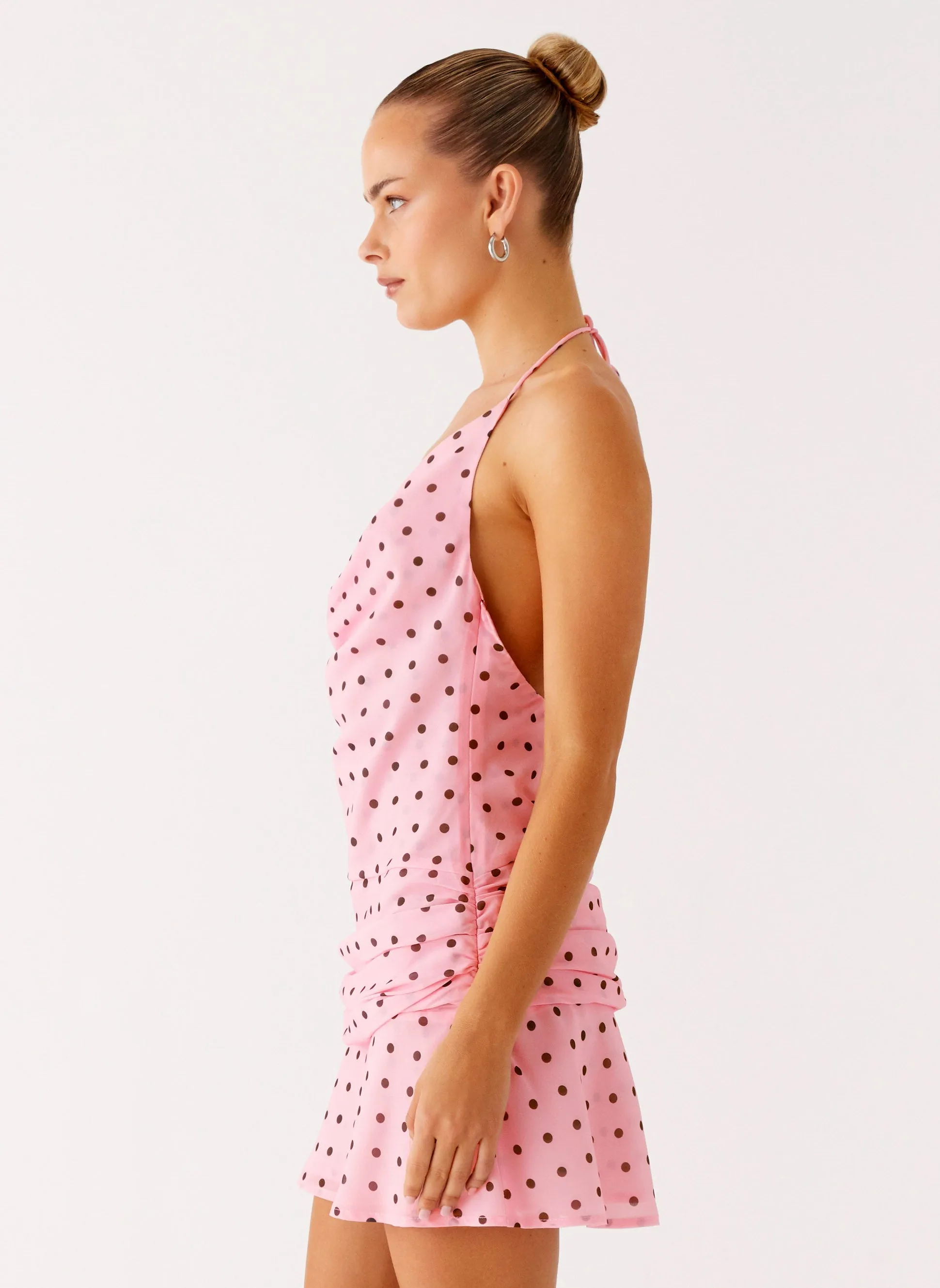 Minimalist Fit Contemporary Layer Cyna Cowl Mini Dress - Strawberry Dot