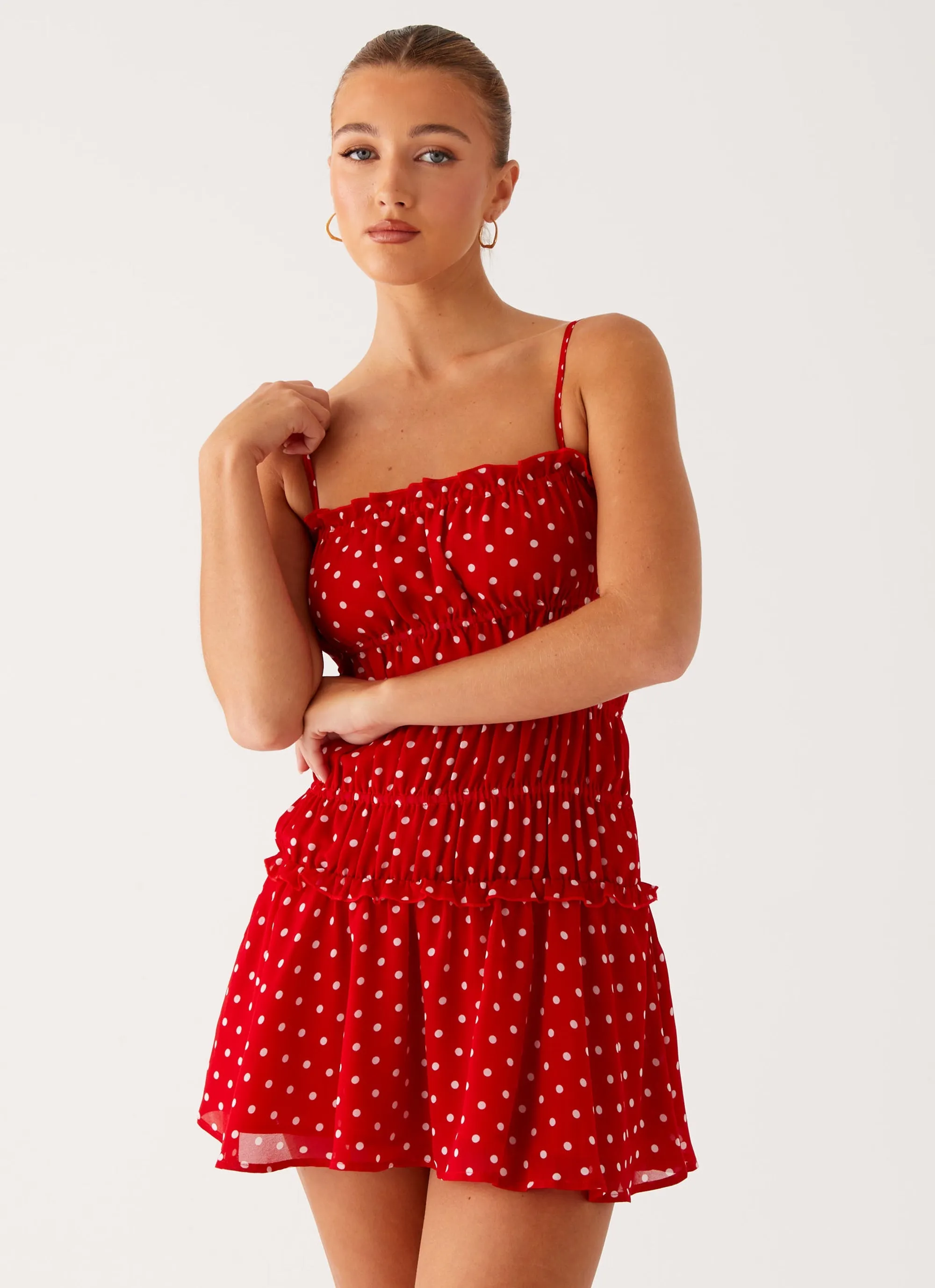 Biodegradable Fabric Semi Sheer Cynlee Mini Dress - Red Polka Dot