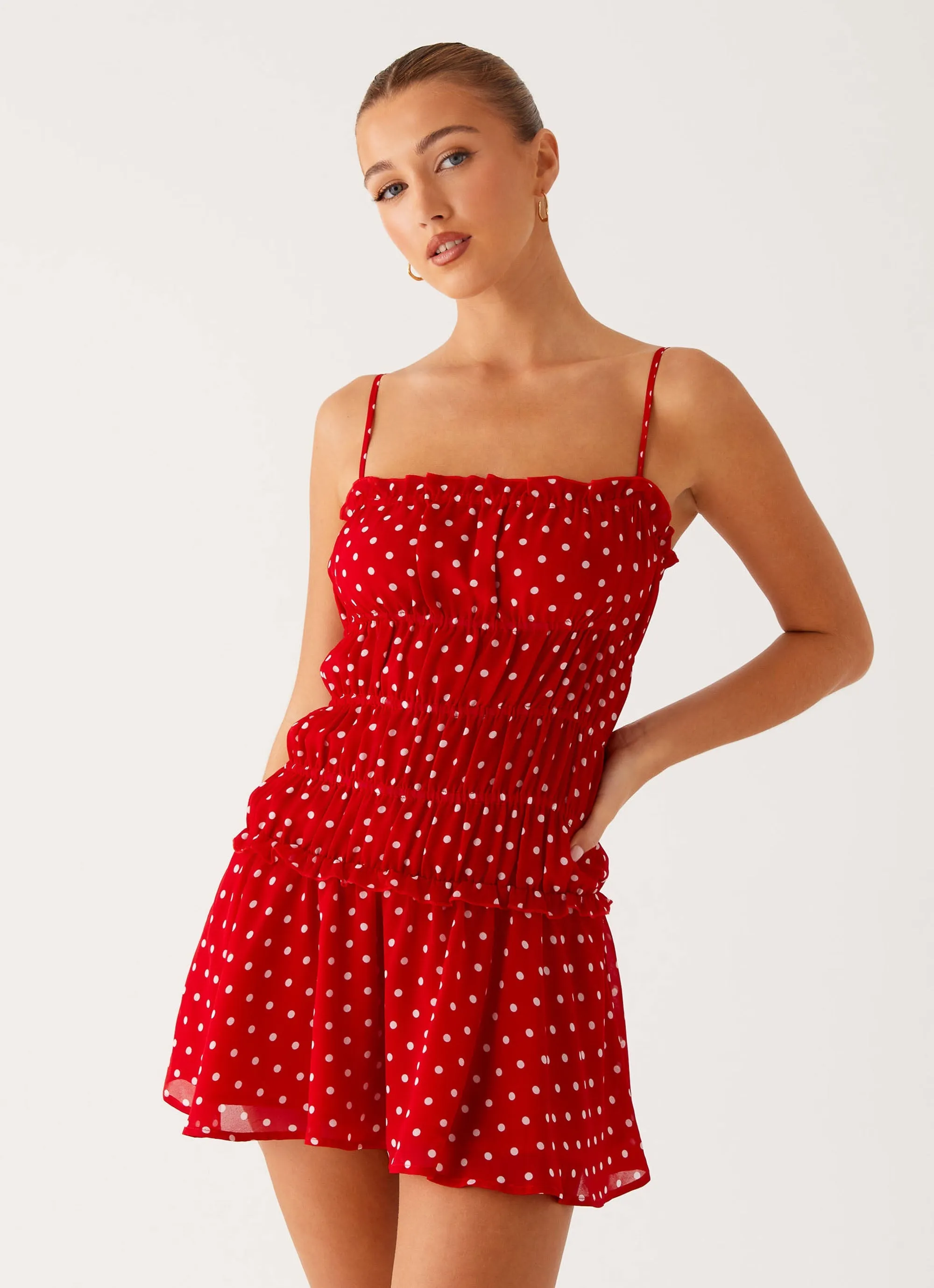 Cynlee Mini Dress - Red Polka Dot Polished look dress Inner Glow