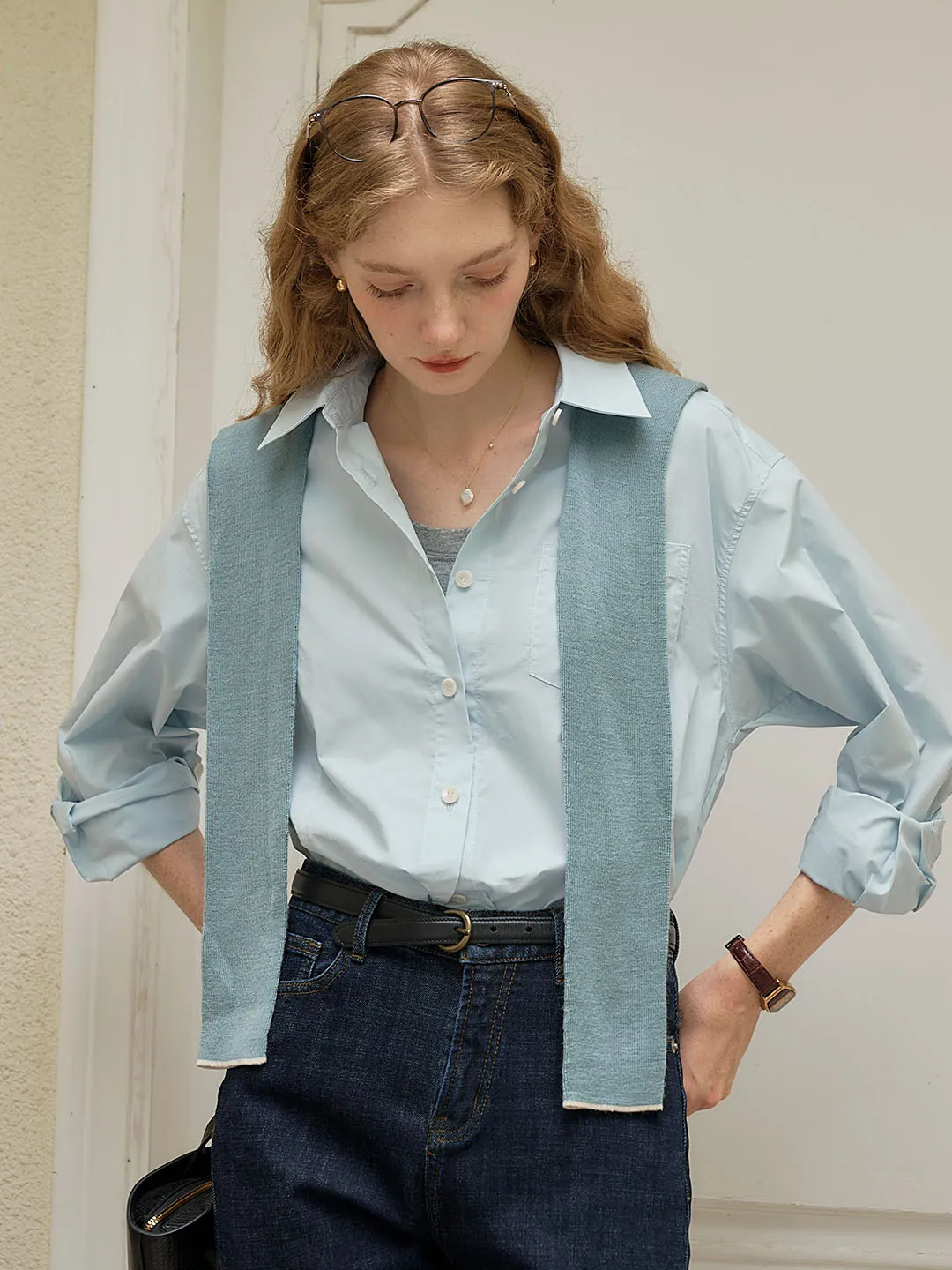 Cynthia Classic LOGO Embroidered Slit Cotton Light Blue Shirt Casual Wear