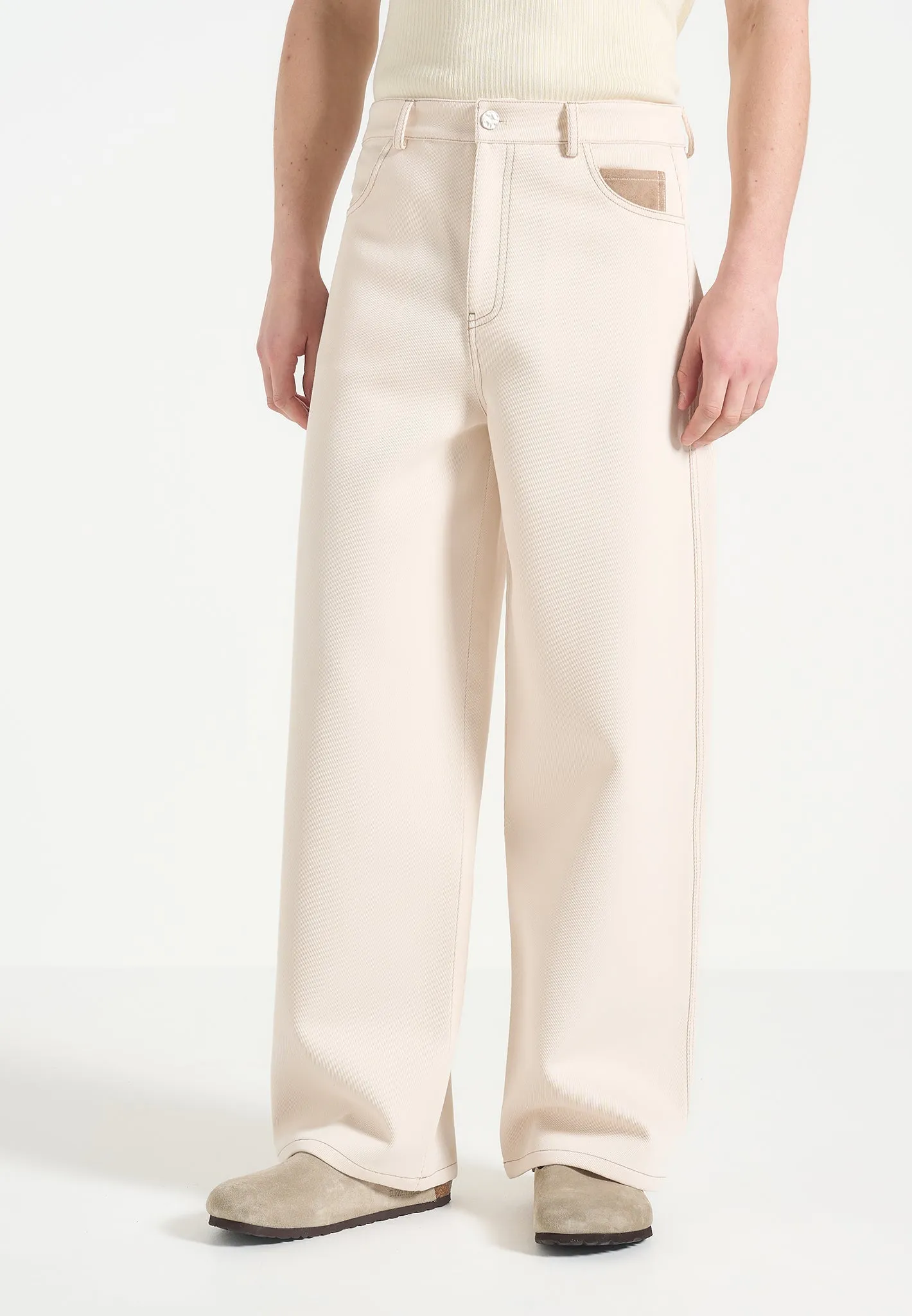Lazare - Wide Leg Twill Jeans - Cream Winter Warmth Student Outfit Textured