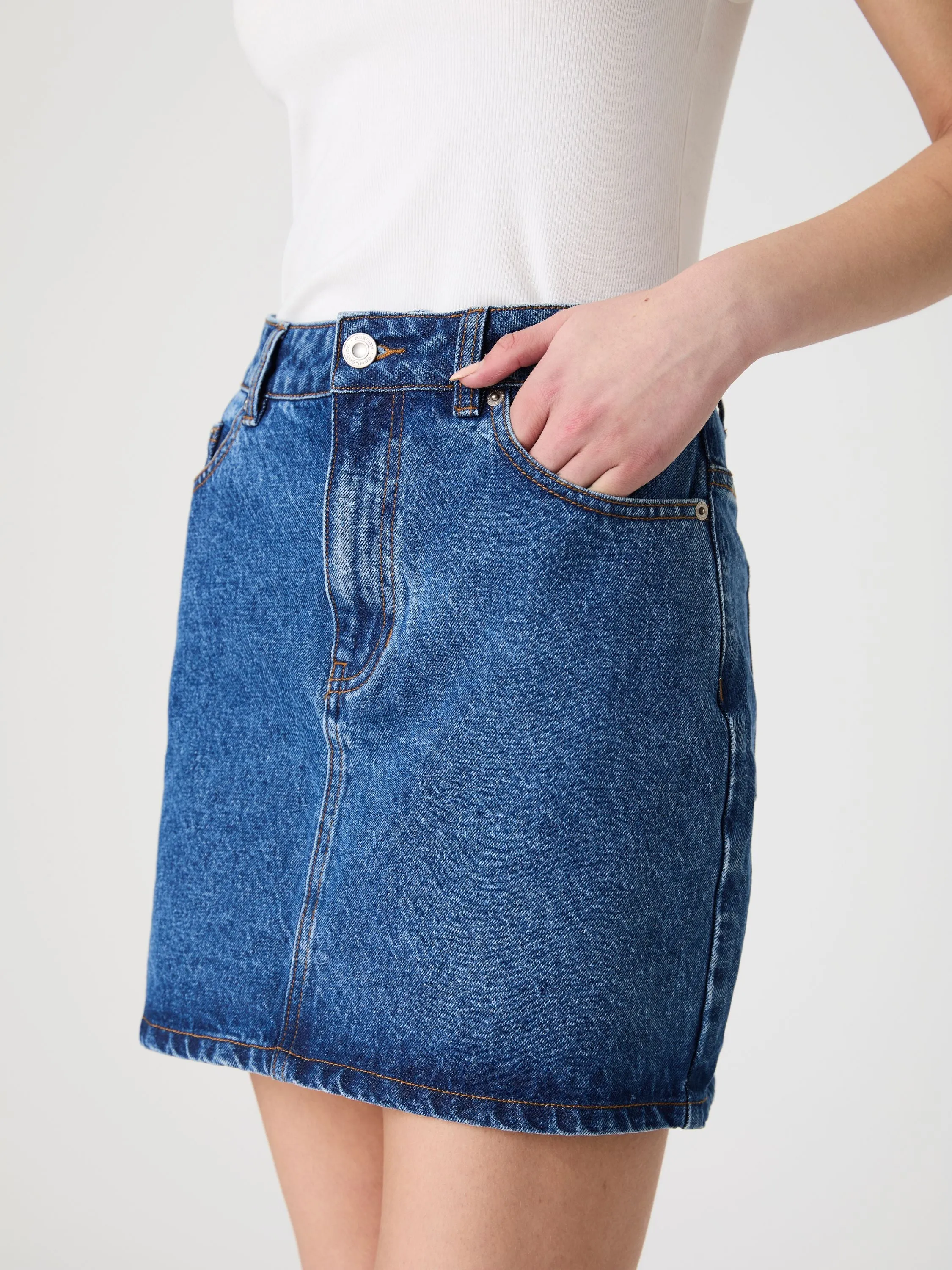 Dallas Denim Mini Skirt Invisible Seams Layered Style