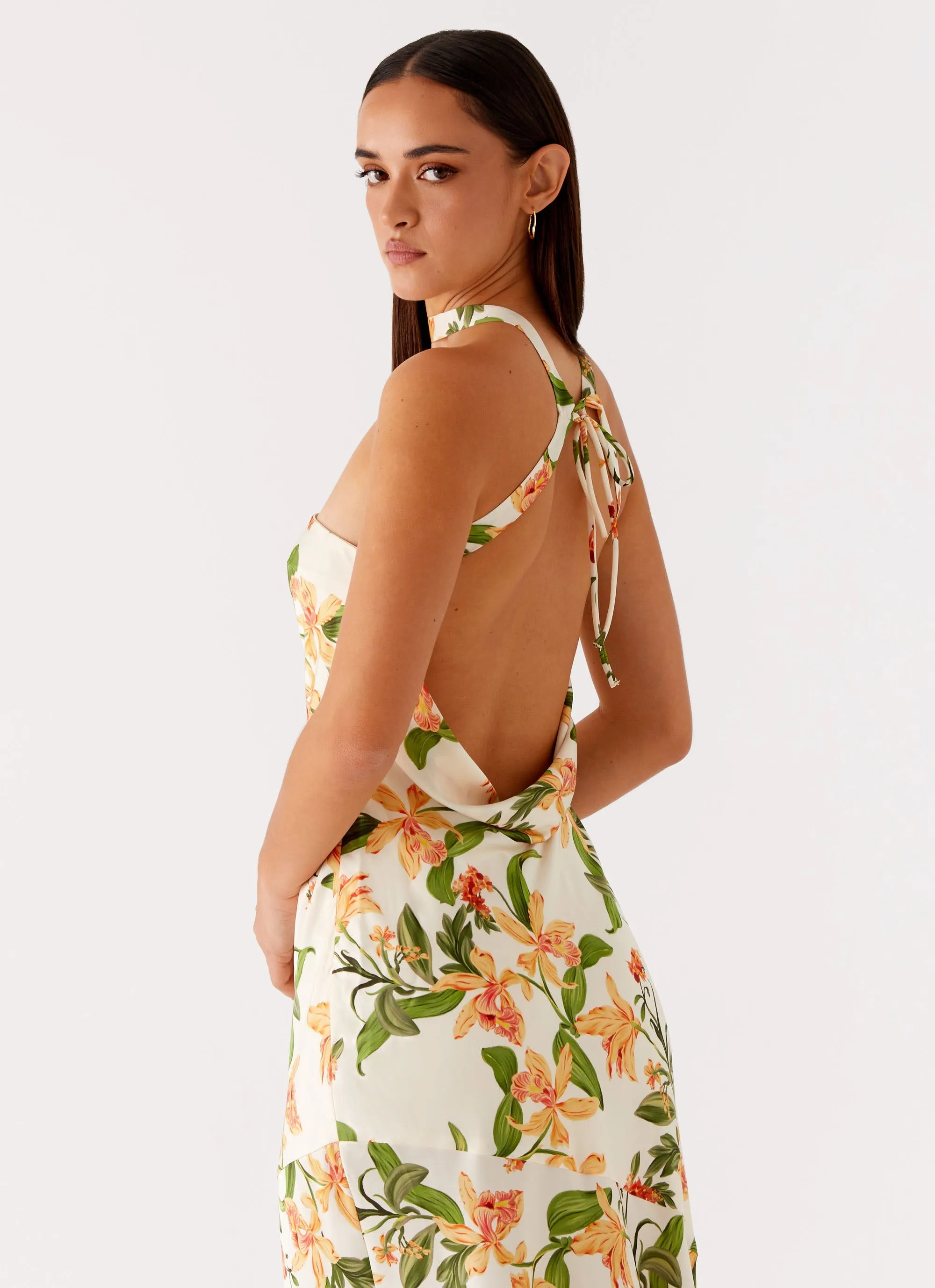 Damali Satin Maxi Dress - Floral Print Light Bow Day Ready Look