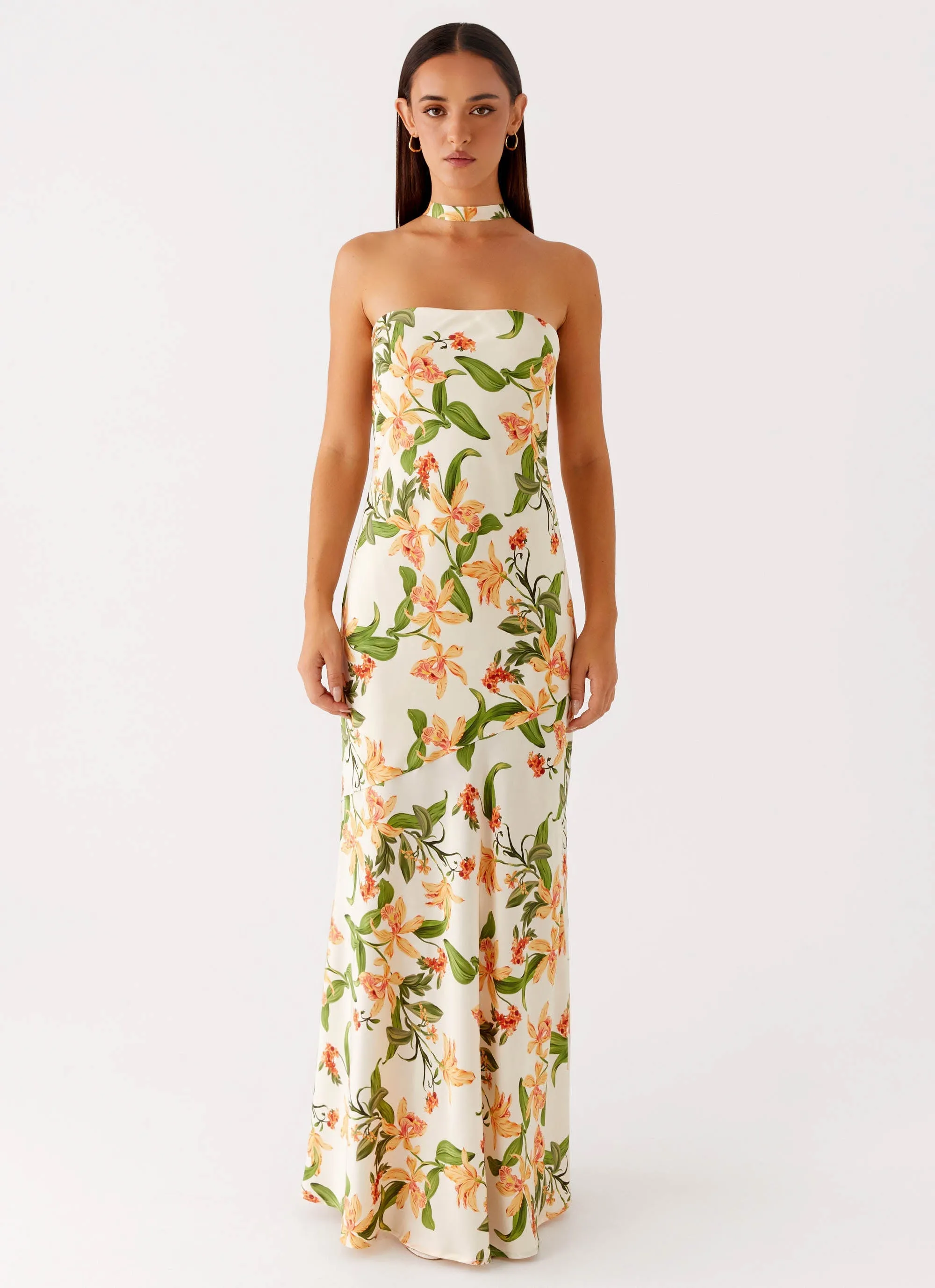 Matte-Lining Chic Motion Damali Satin Maxi Dress - Floral Print