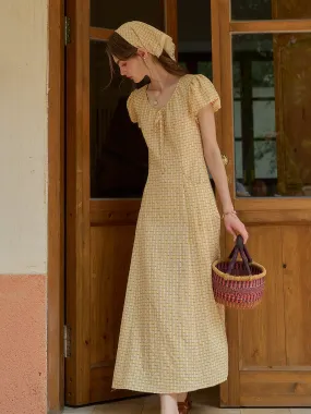 Willow Round Neck Plaid Puff Sleeve Viscose Dress - Yellow Sleek and Flattering Cool Season
