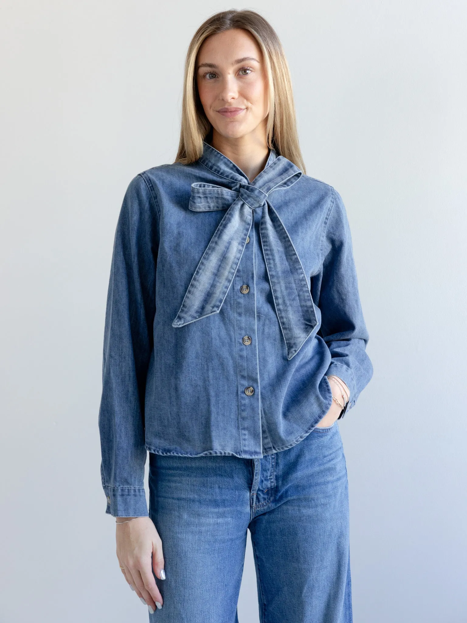 Daphne Denim Bow Blouse Basic Tee