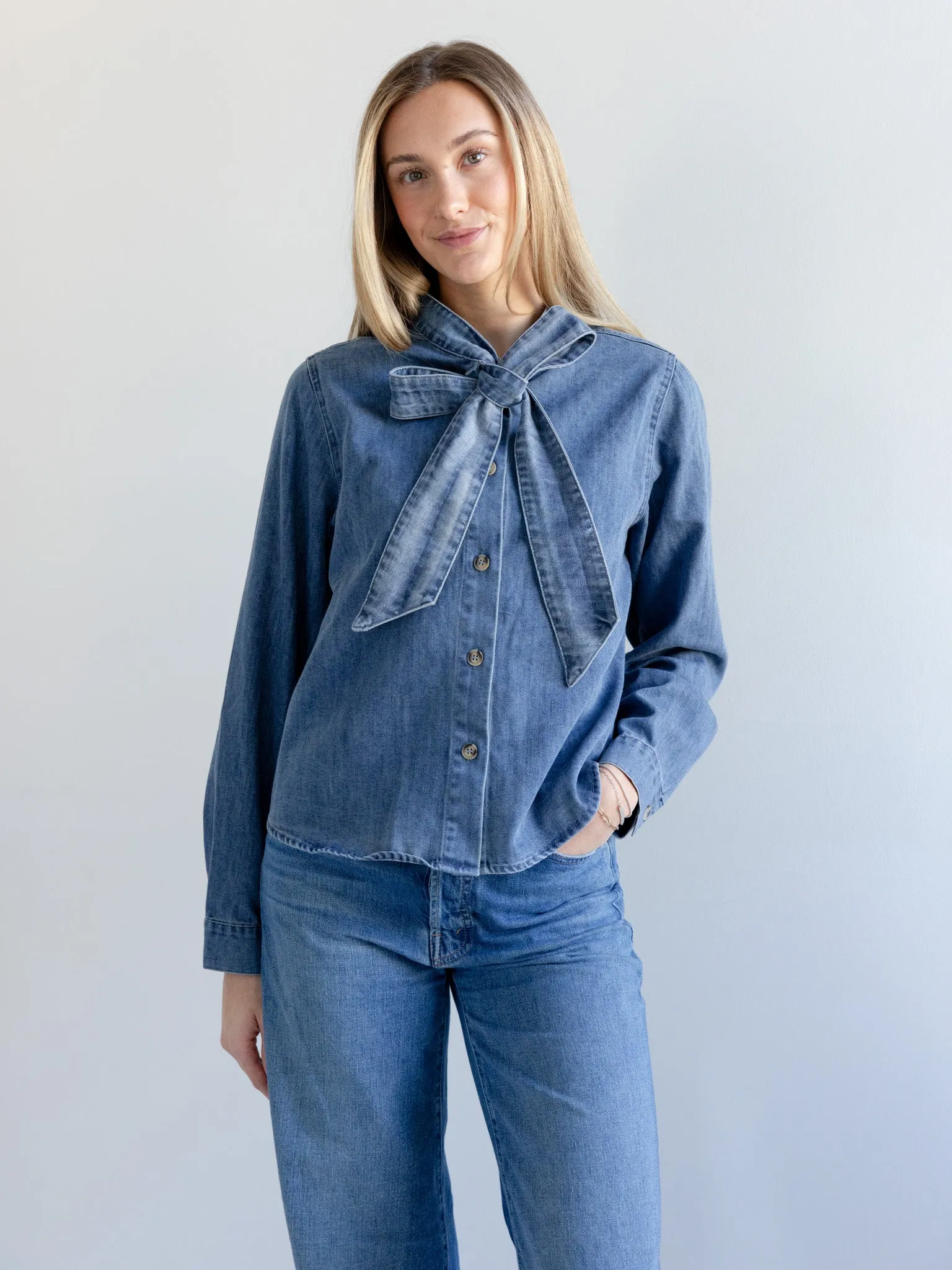 Daphne Denim Bow Blouse RawEdgedDesign