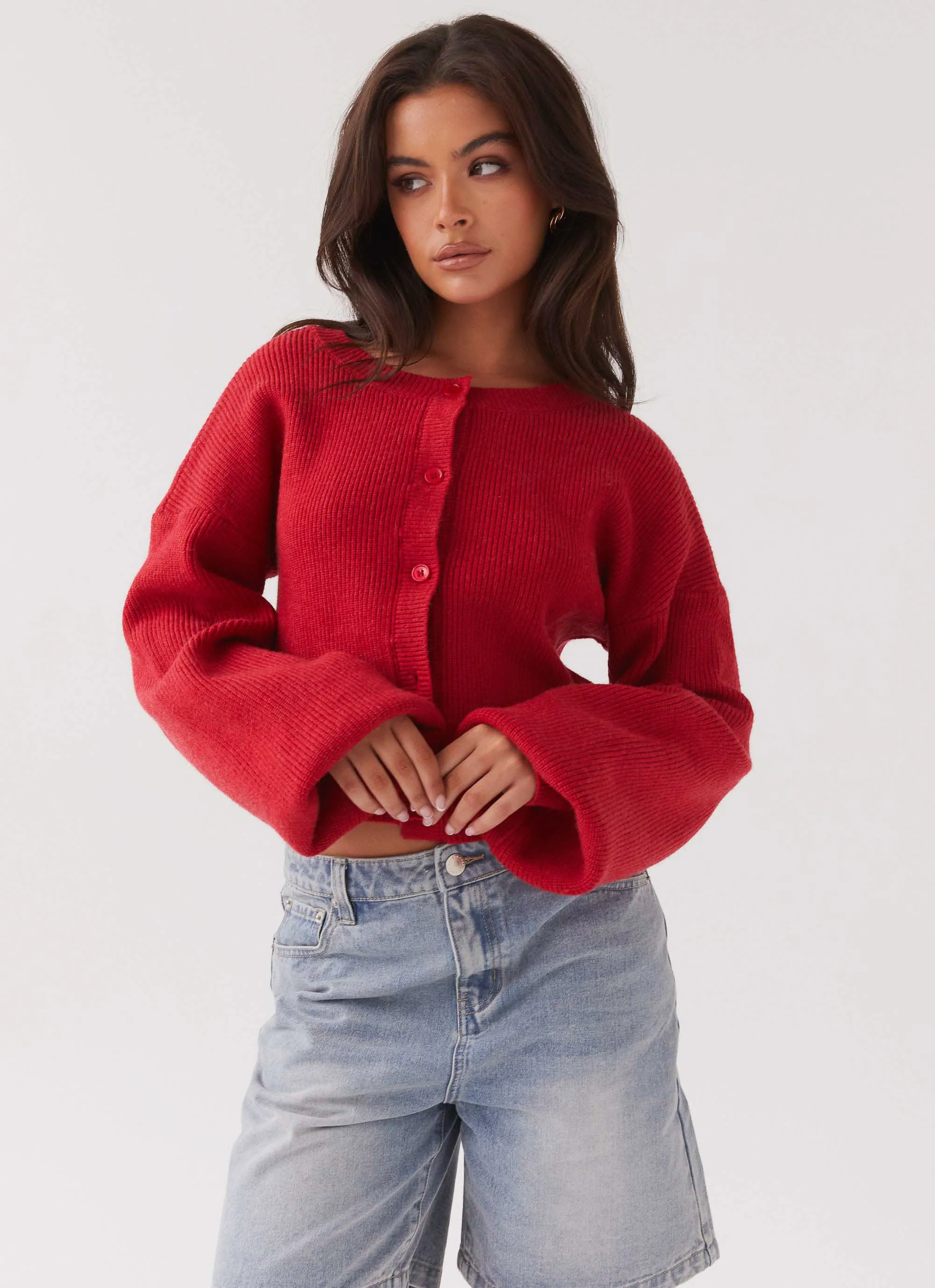 Daphne Knit Cardigan - Cherry Faux Fur Collar Comfy Fit