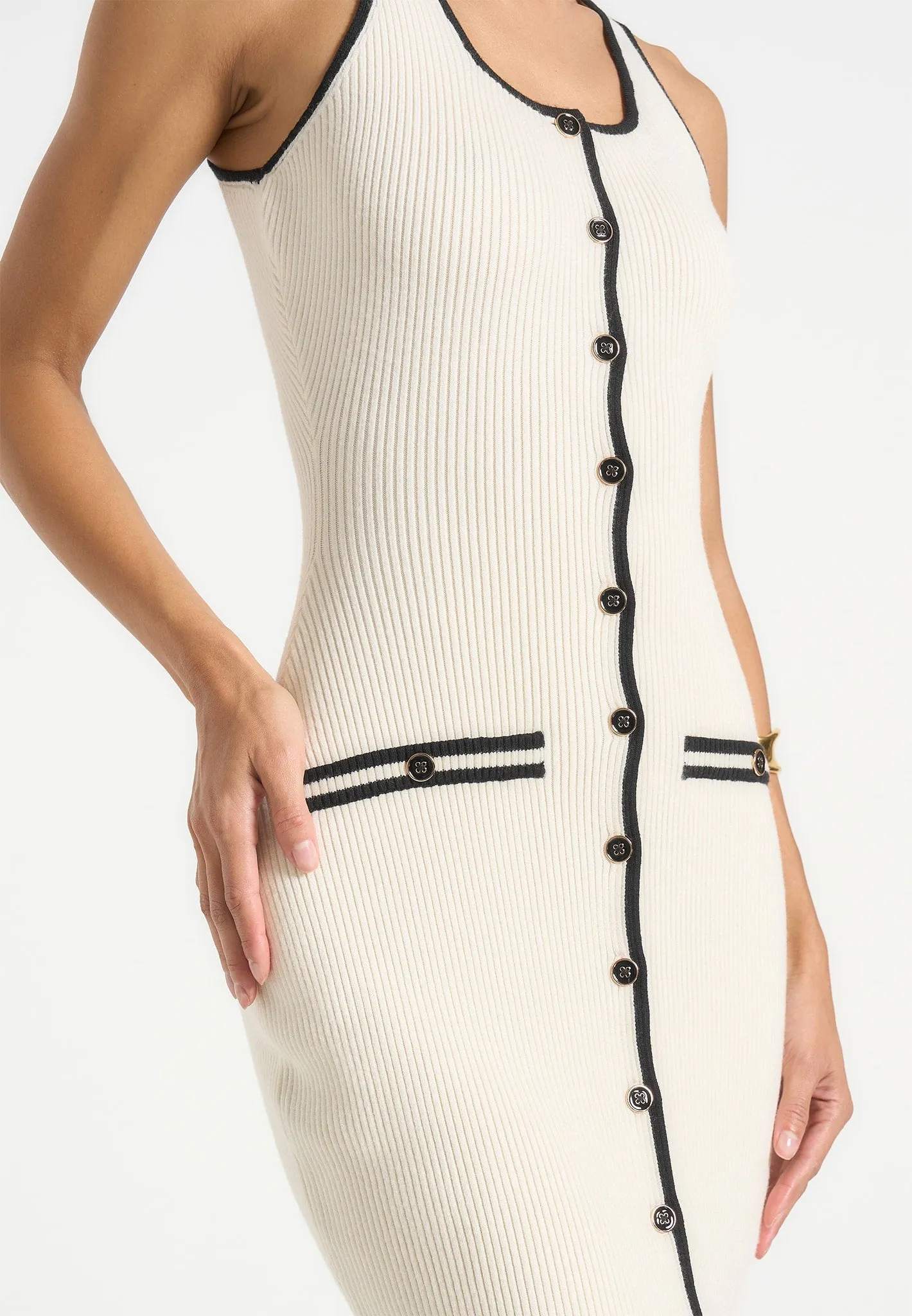 Daphne - Rib Knit Contrast Midaxi Dress - Cream/Black Soft Detail Feminine Style