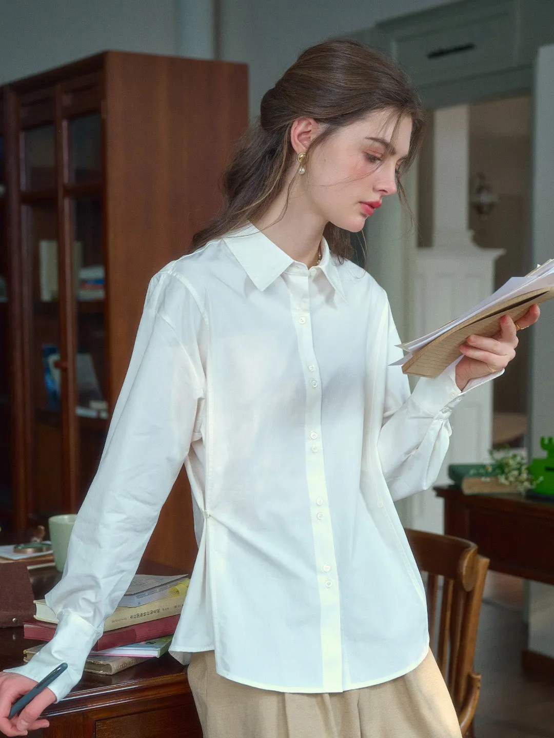 Daphne Simple Lapel Waist Blouse - White High Density Weave