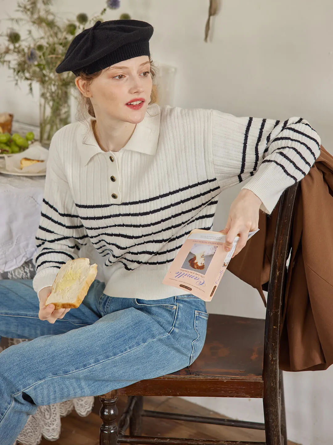 Davian Striped White Polo Knit Top MultiPocket ElasticEdgeBinding