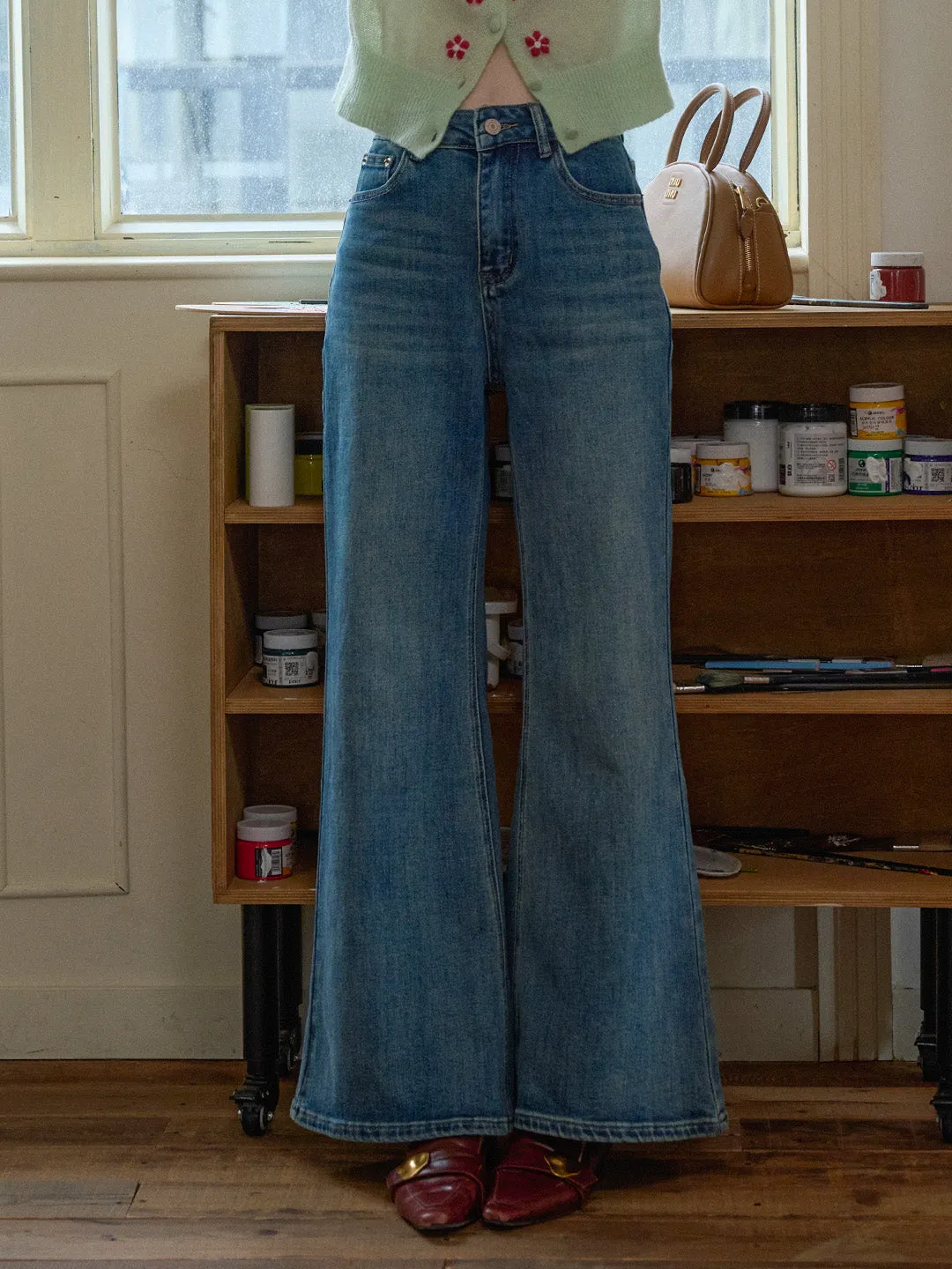 Nicole 100% Cotton Flare Jeans Street Fashion Breathable Distressed Details