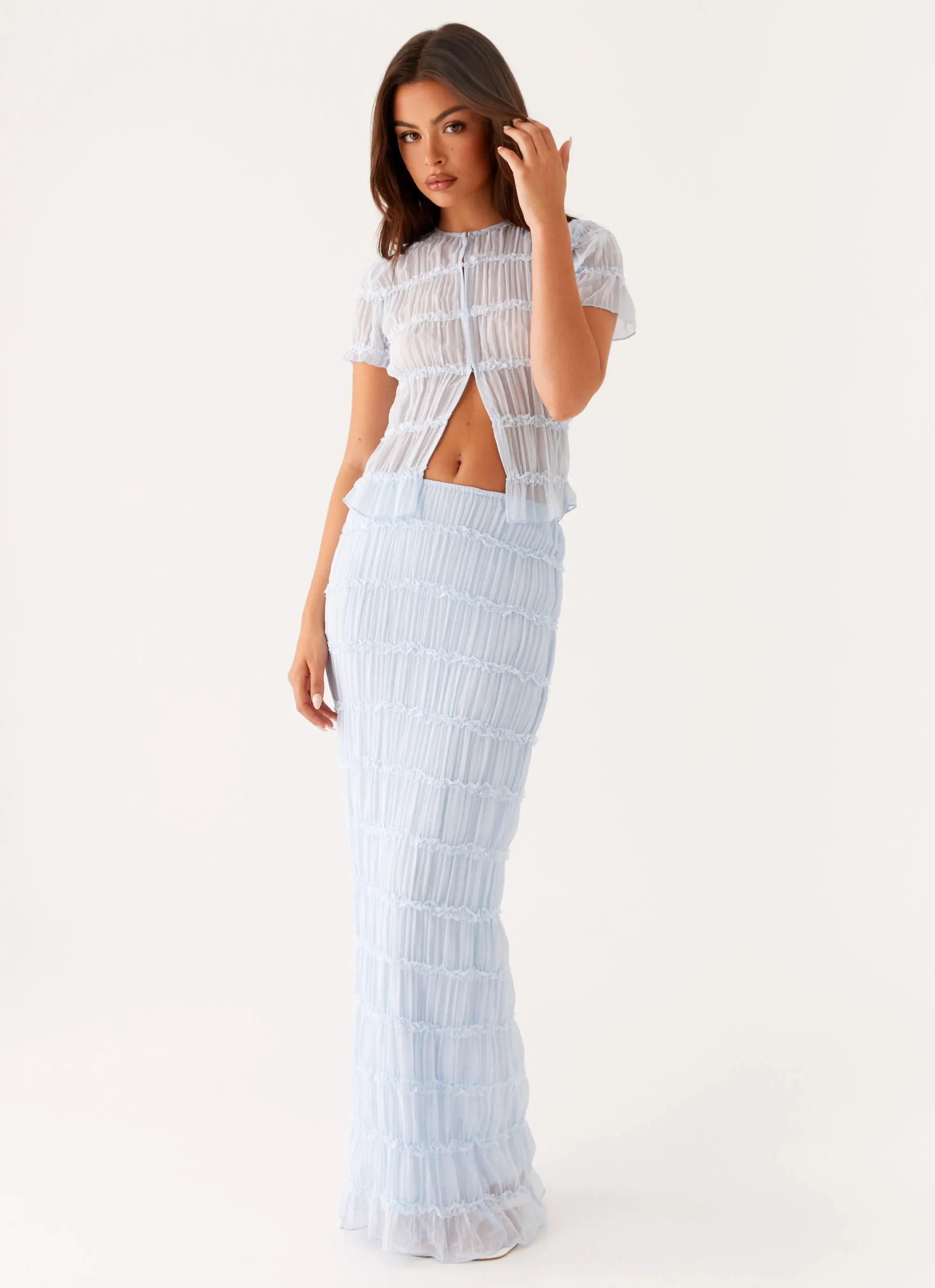 Daydreaming Low Rise Maxi Skirt - Blue Structured silhouette