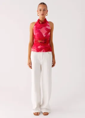 Odor Resistant Material Layered Placket Design Delany Halter Top - Peach Watermelon Flower