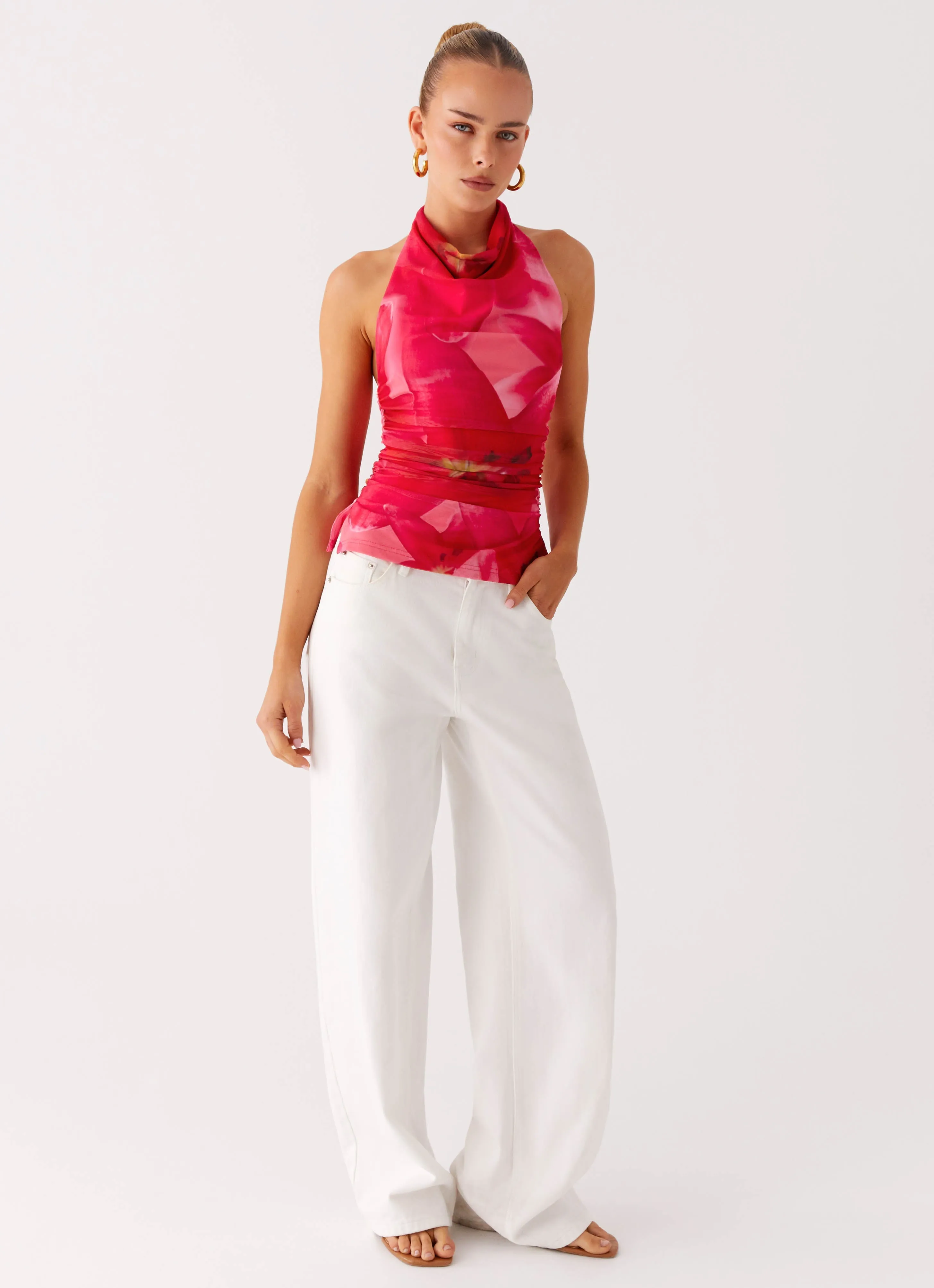 Minimalist Design Delany Halter Top - Peach Watermelon Flower