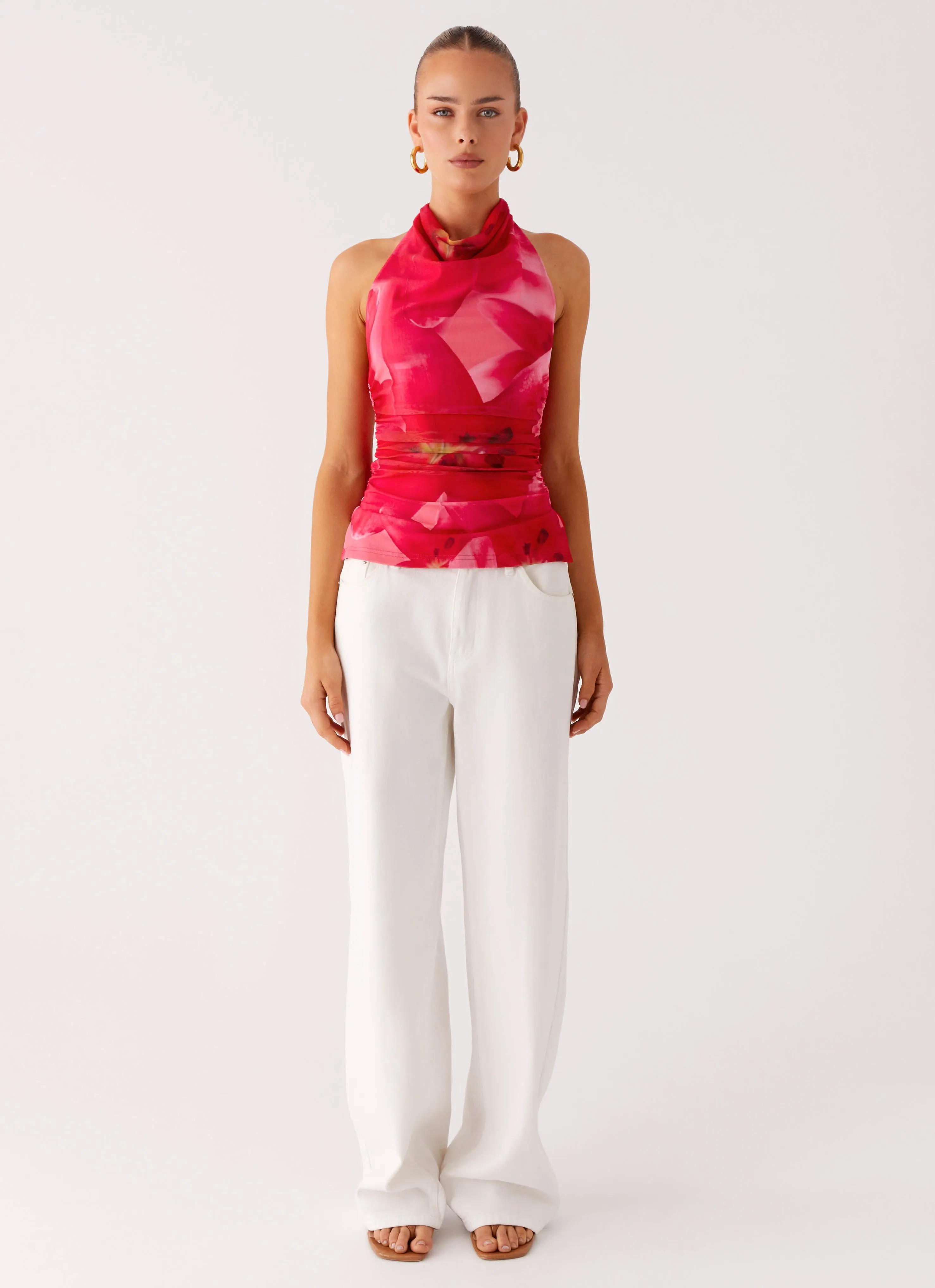 Odor Resistant Material Layered Placket Design Delany Halter Top - Peach Watermelon Flower