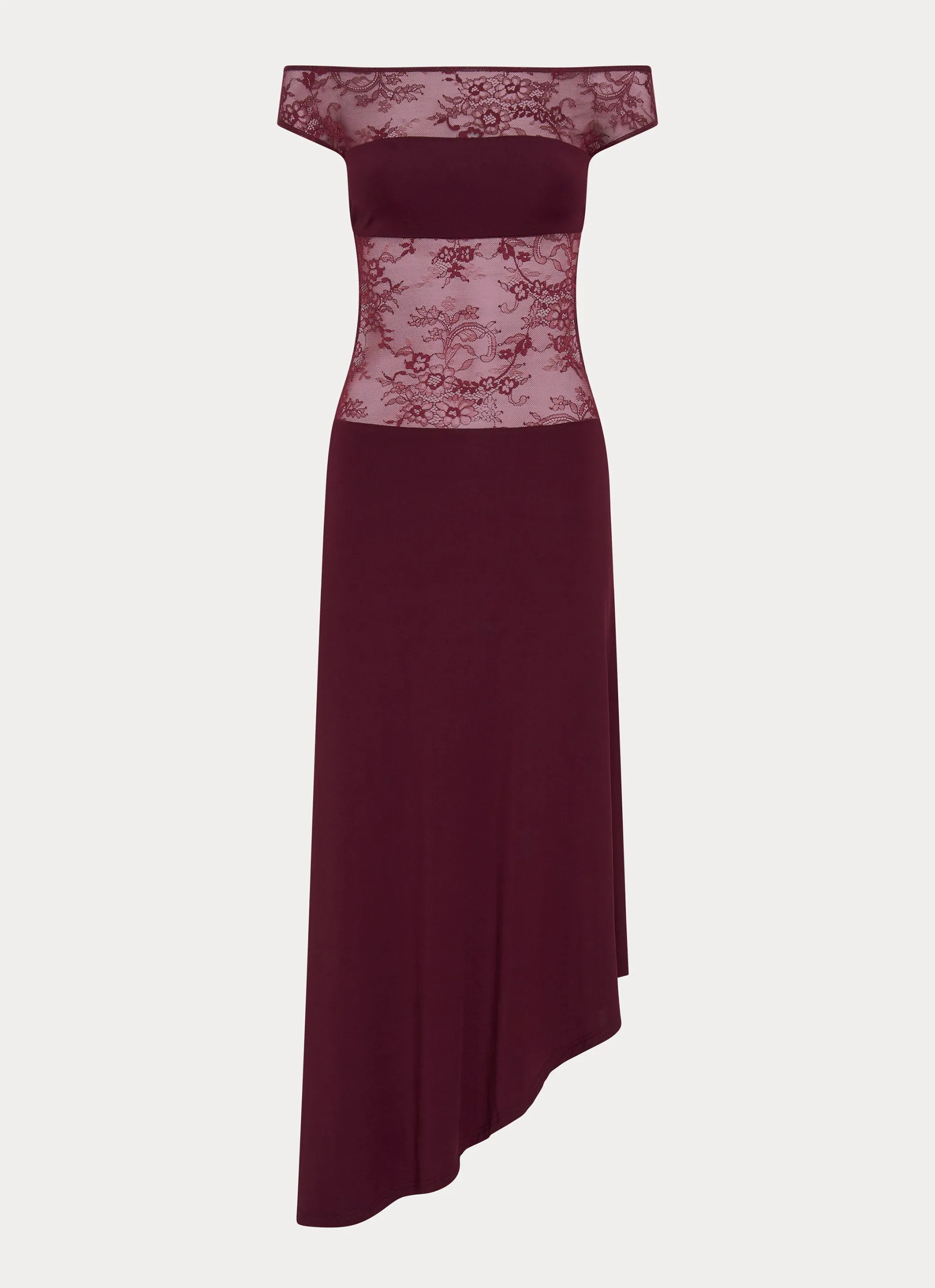 Francoise Lace Midi Dress - Burgundy Dream Look Asymmetric-Neck