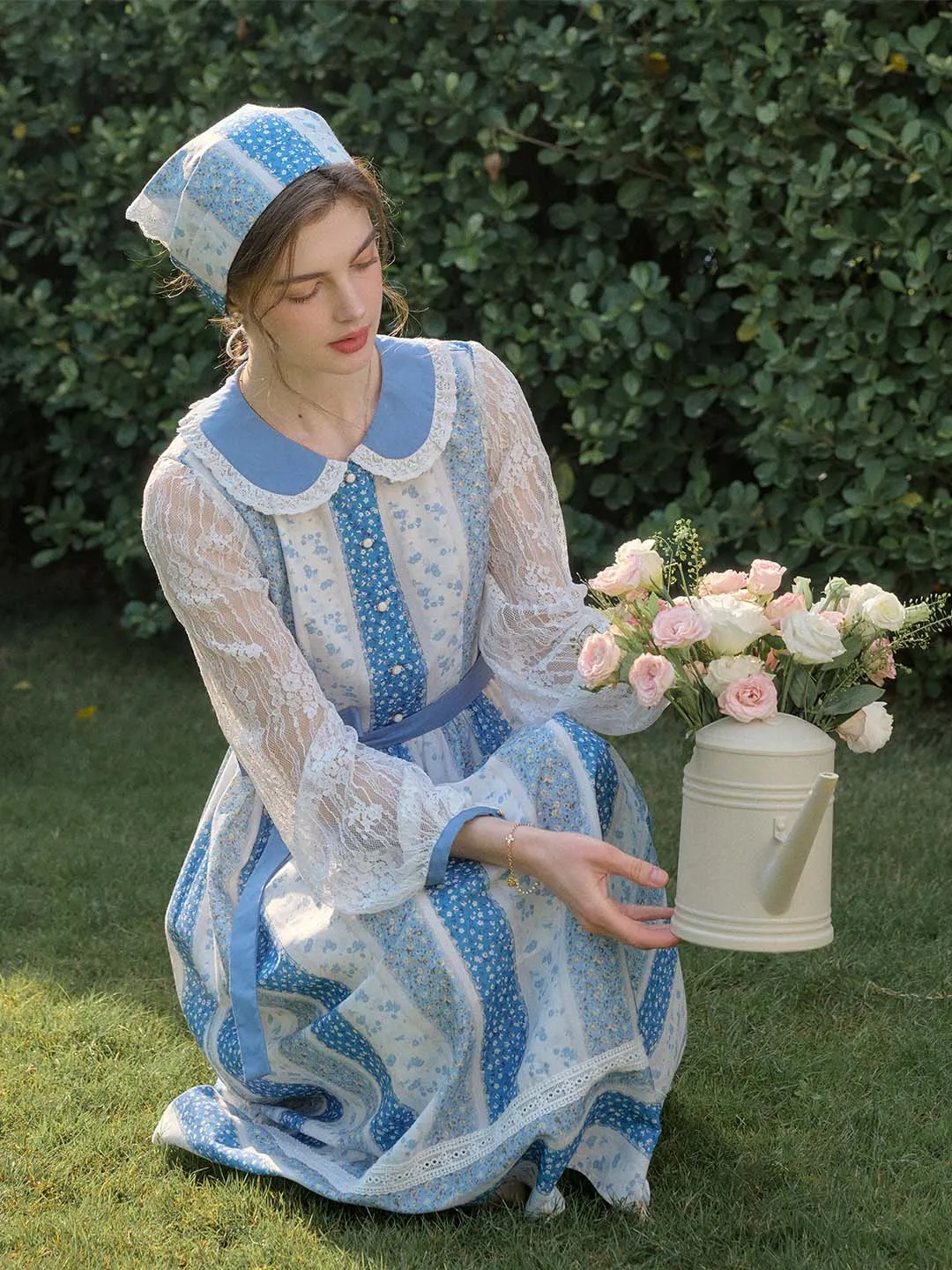 Layering Comfort Sleek Appearance Camille Patchwork Doll Neck Printed Belted Long Dress