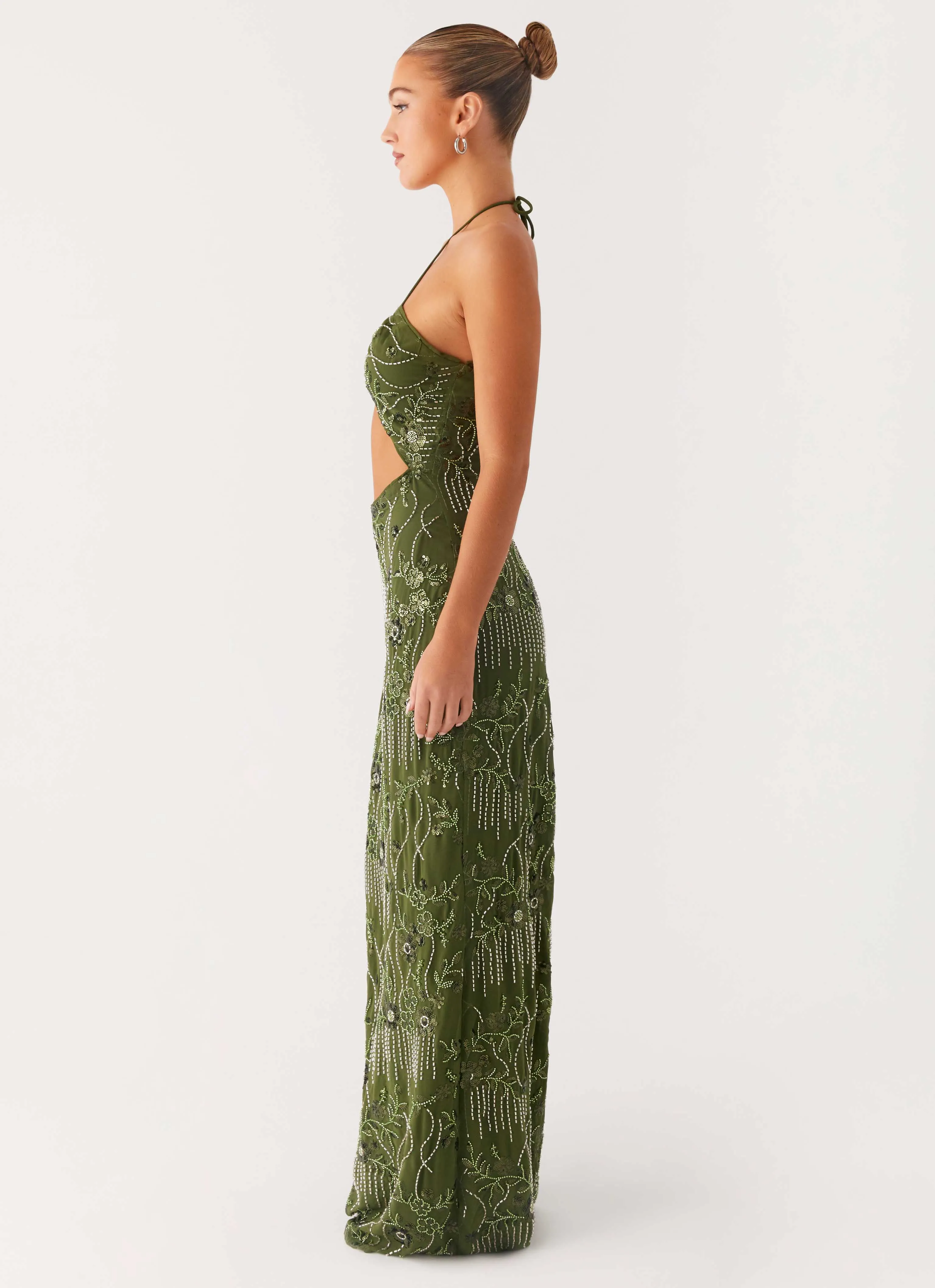 Slit-Hem Phoenicia Beaded Maxi Dress - Khaki