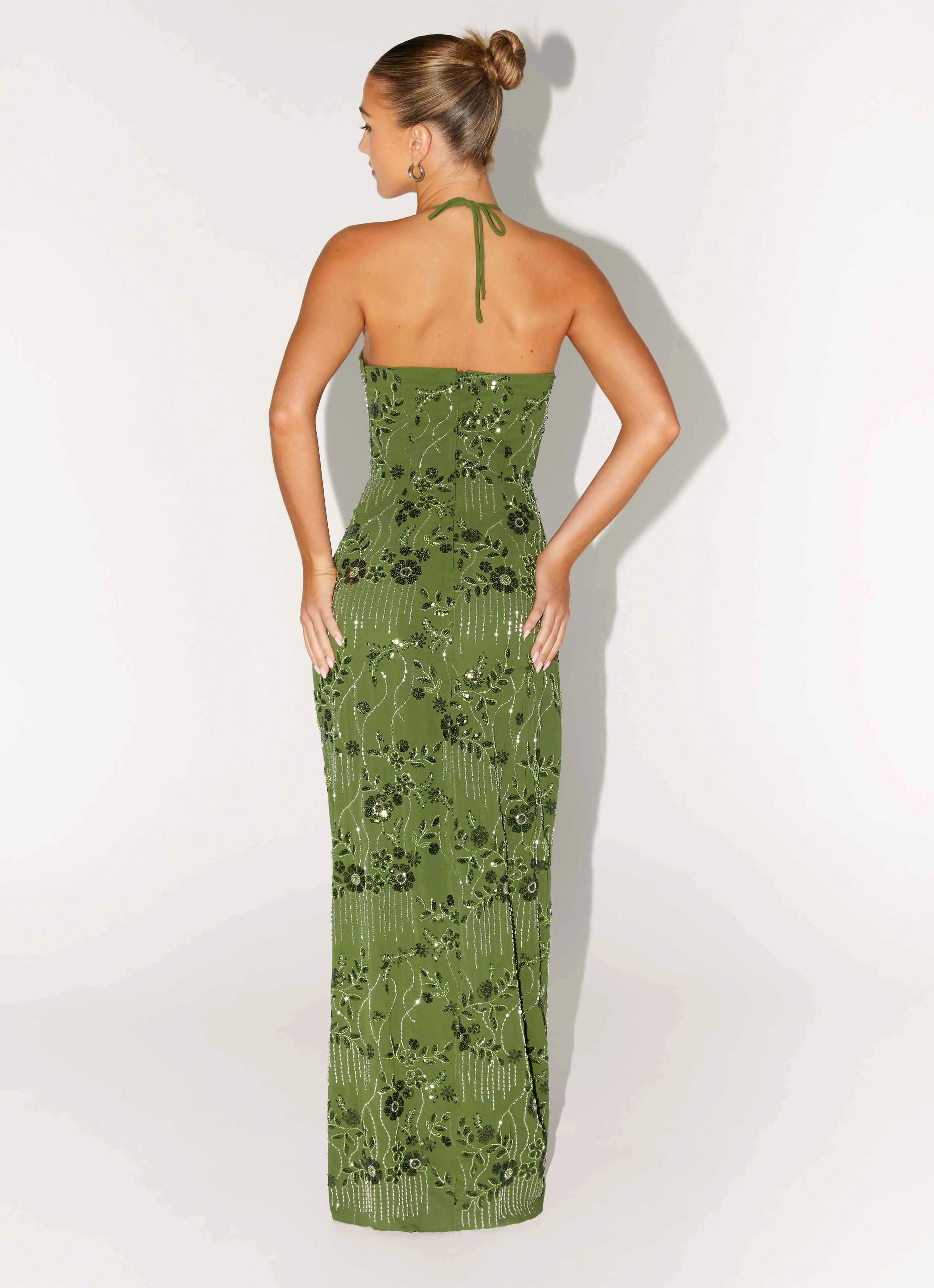 Phoenicia Beaded Maxi Dress - Khaki Waist Seam Decorative-Design