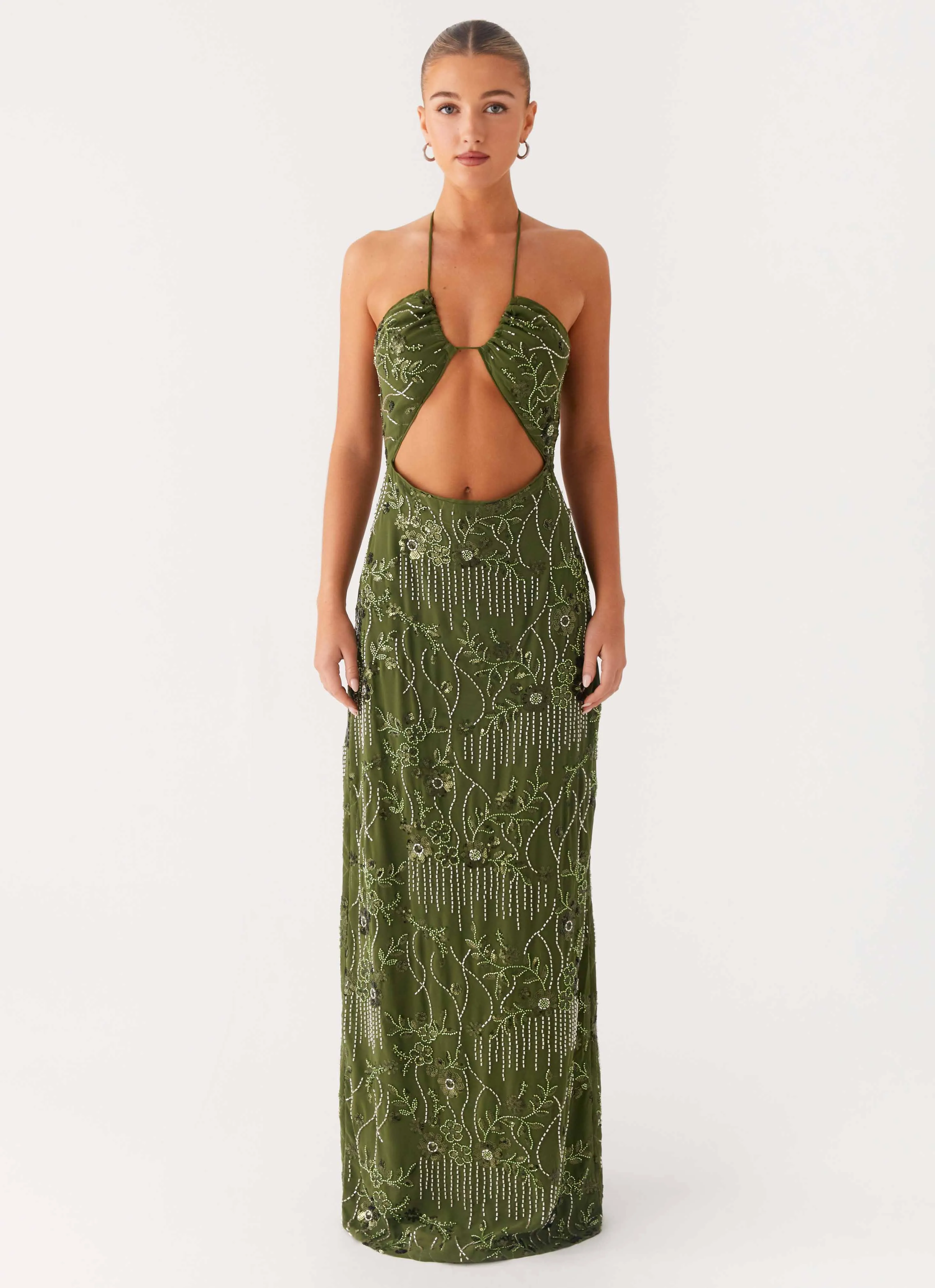 Phoenicia Beaded Maxi Dress - Khaki One Piece Look