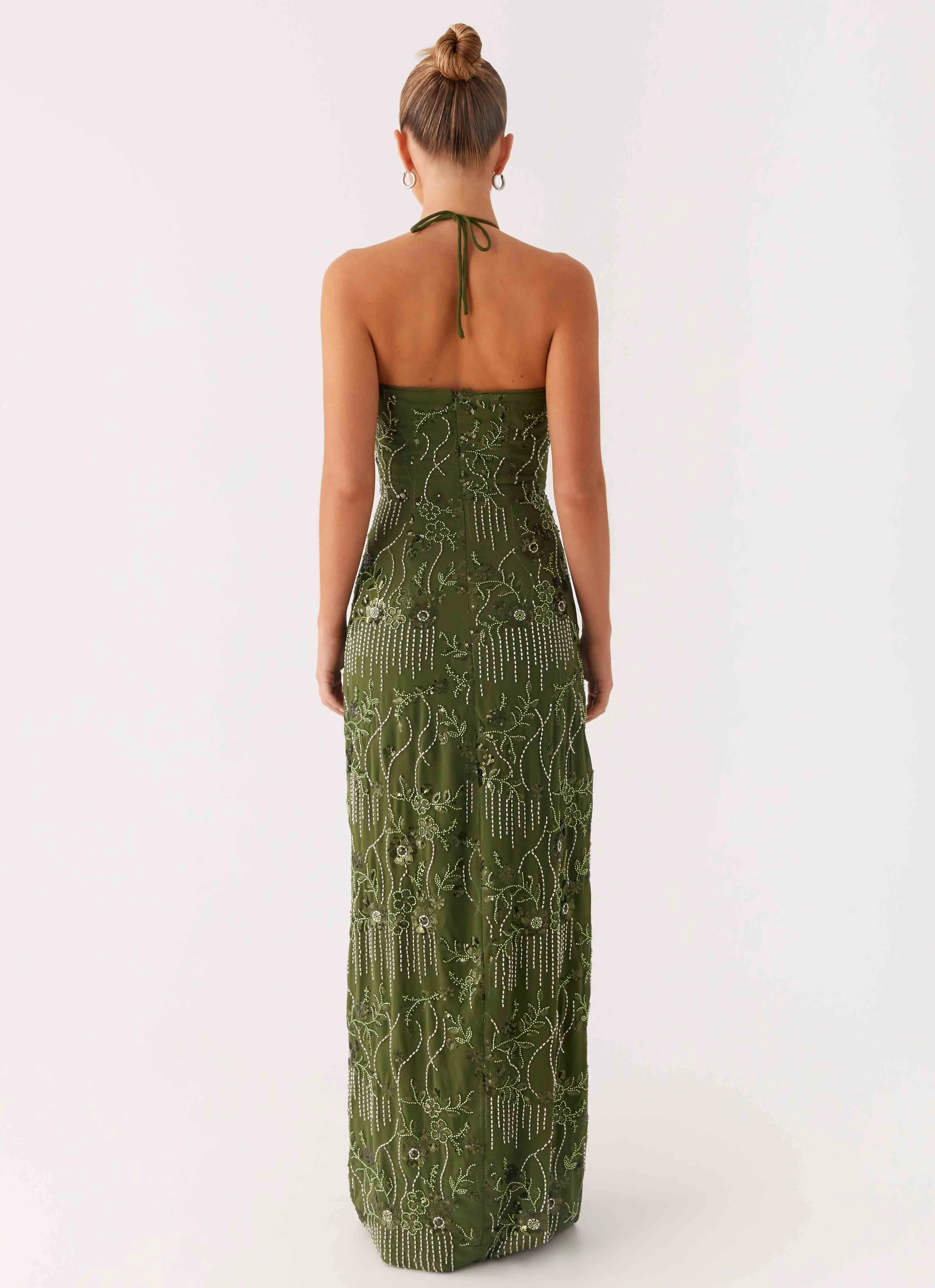 Phoenicia Beaded Maxi Dress - Khaki Natural Flow Calm Texture