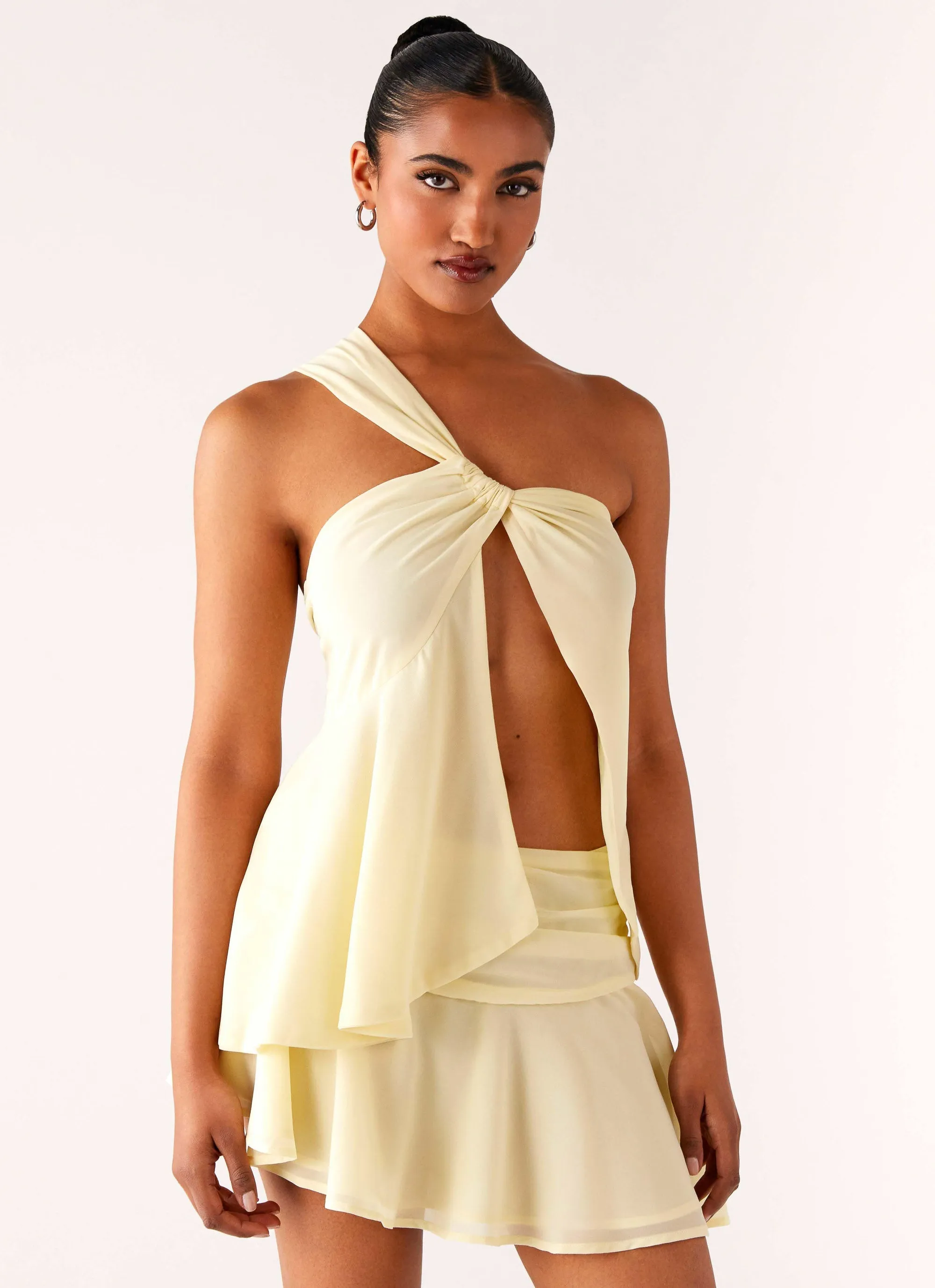 AntiPilling Self Fabric Tie Delight Me Asymmetrical Top - Yellow