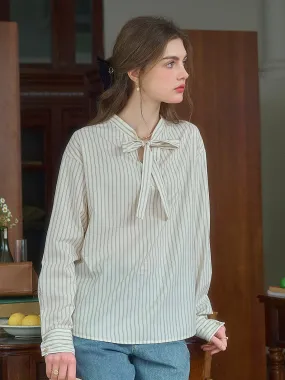 Delilah Ribbon Collar Stripes Shirt summer top Soft Touch Texture