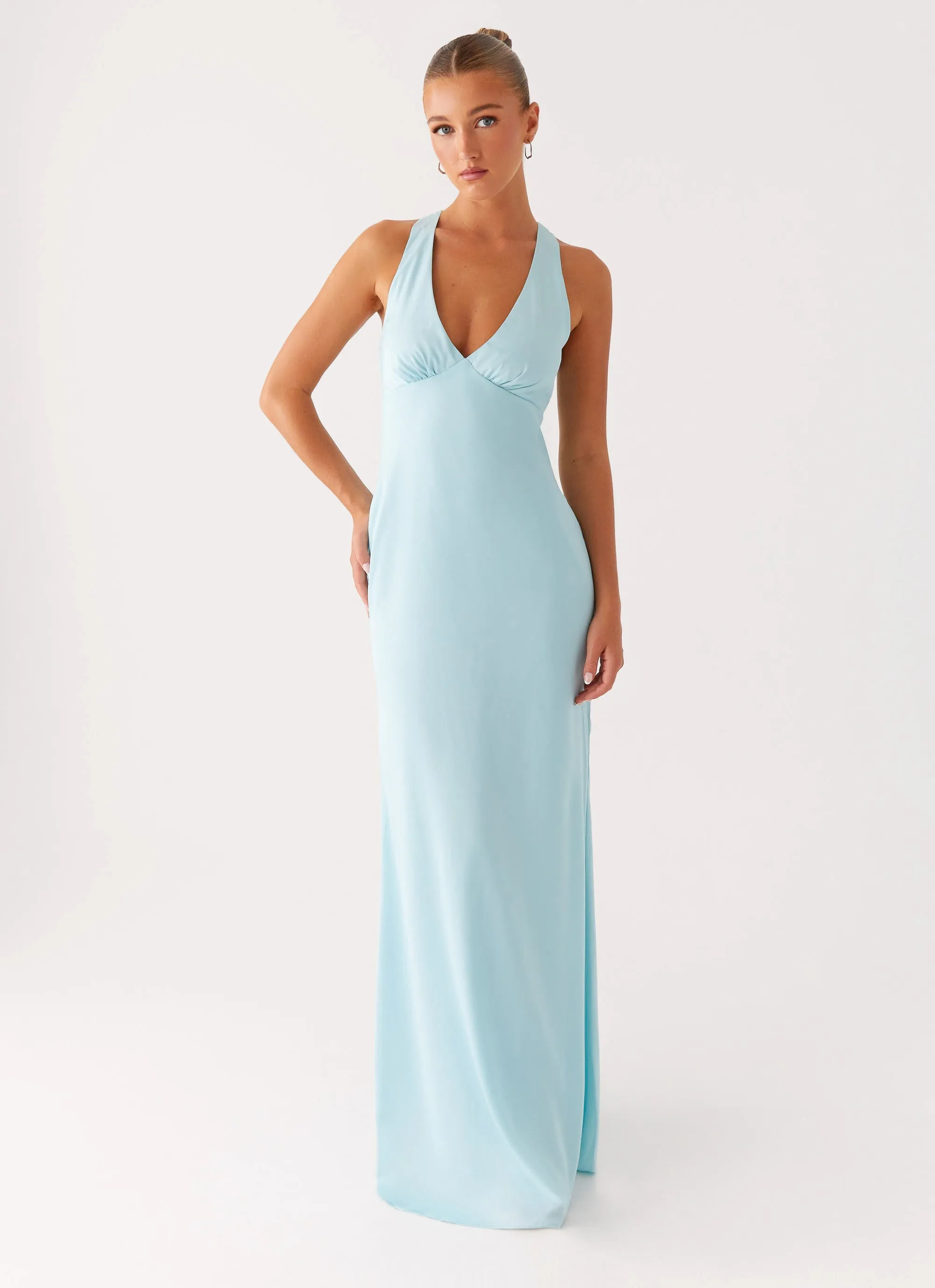 Desi Halterneck Maxi Dress - Mint Satin Fabric