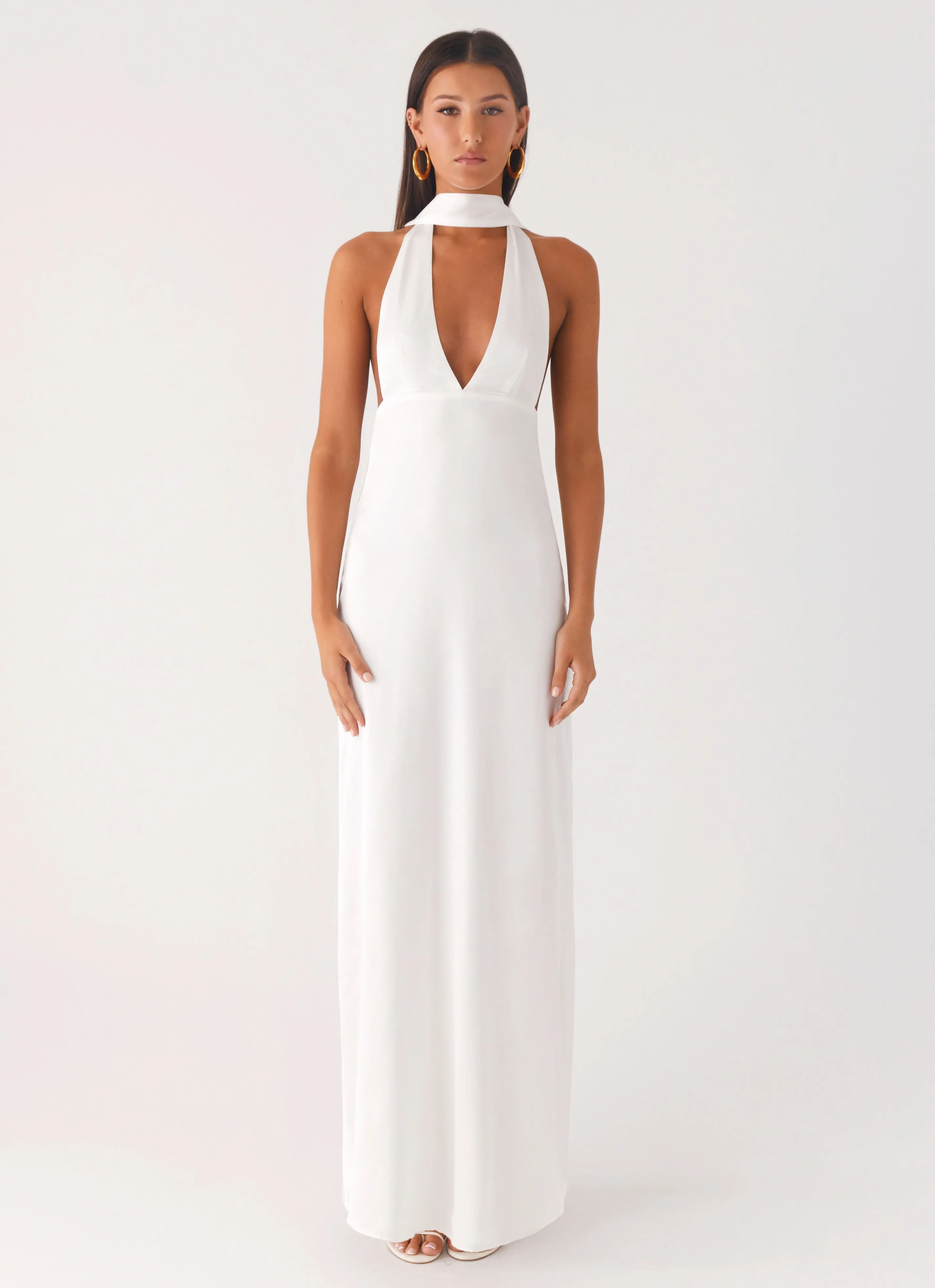 Alicia Satin Halter Maxi Dress - White Relaxed-fit maxi dress Smart Blend
