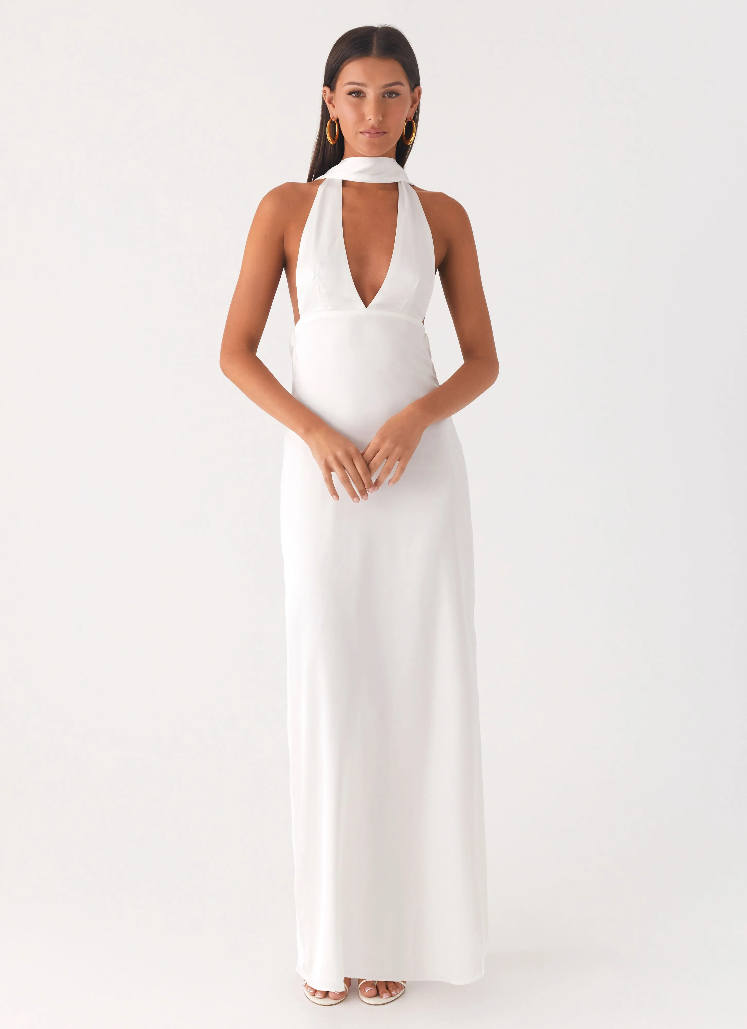 Red-Carpet Refined Feel Alicia Satin Halter Maxi Dress - White