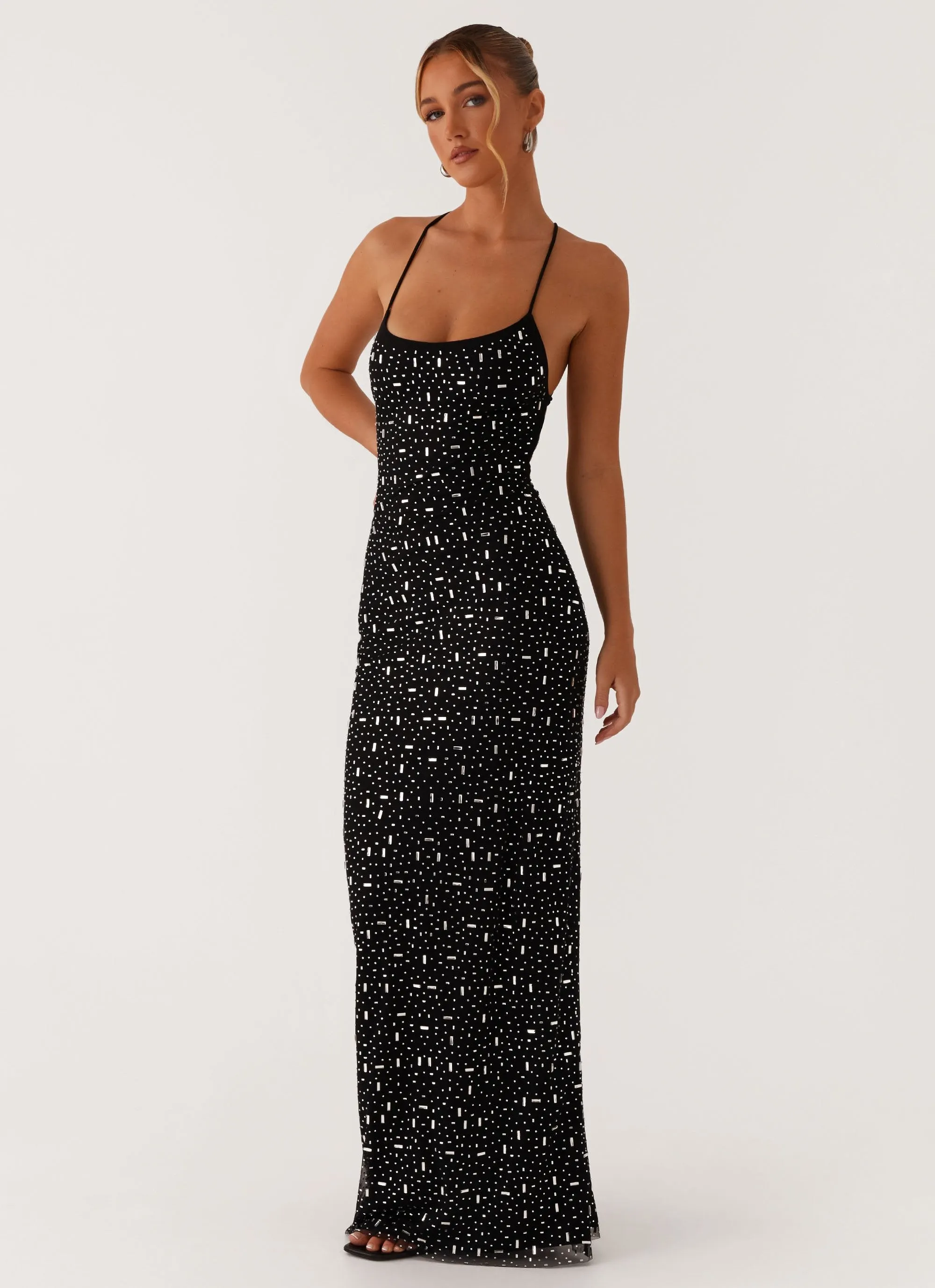 Minimal Outfit Cressida Rhinestone Mesh Maxi Dress - Black