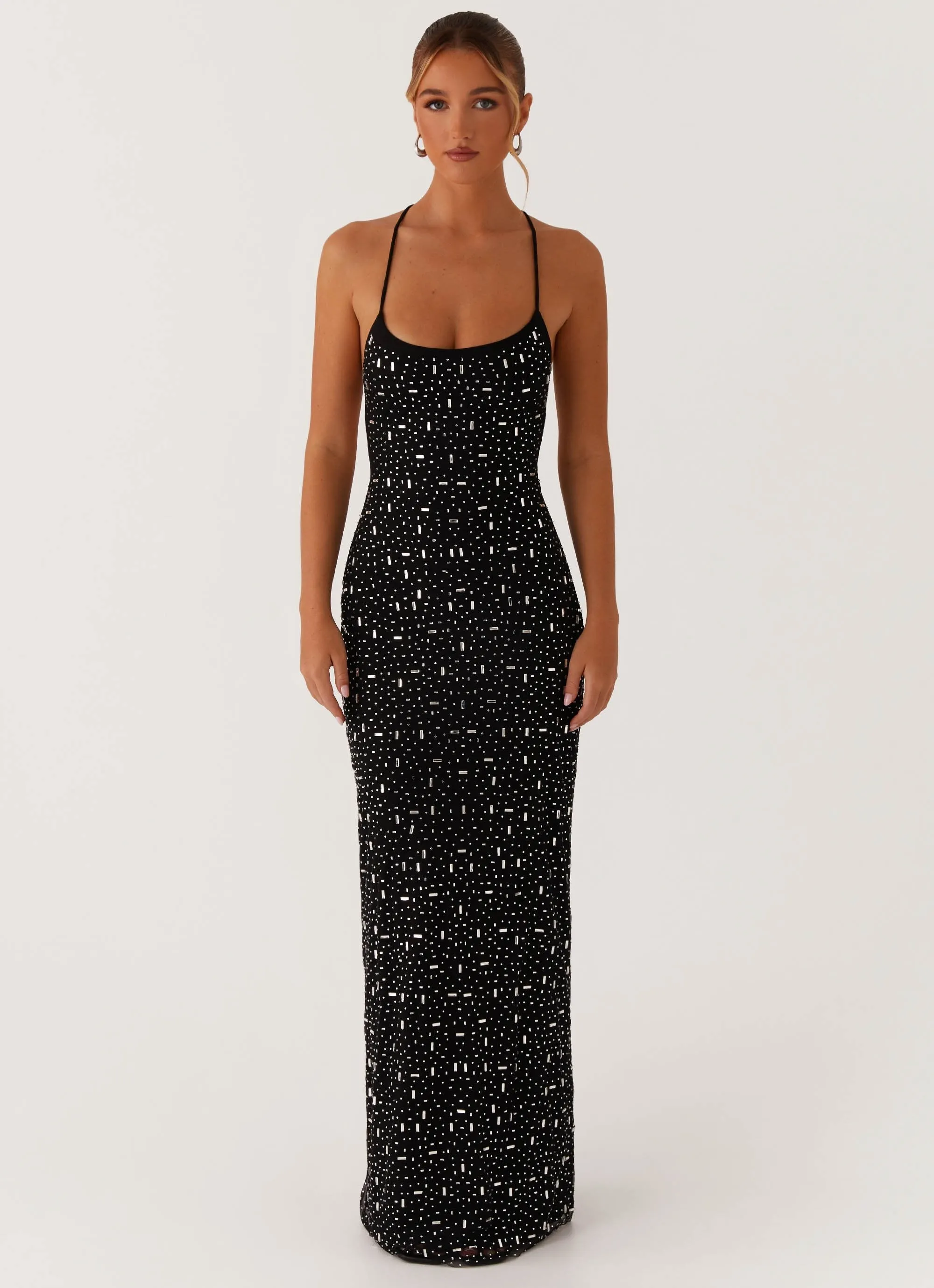 Simple Spirit Fashionable Layer Cressida Rhinestone Mesh Maxi Dress - Black