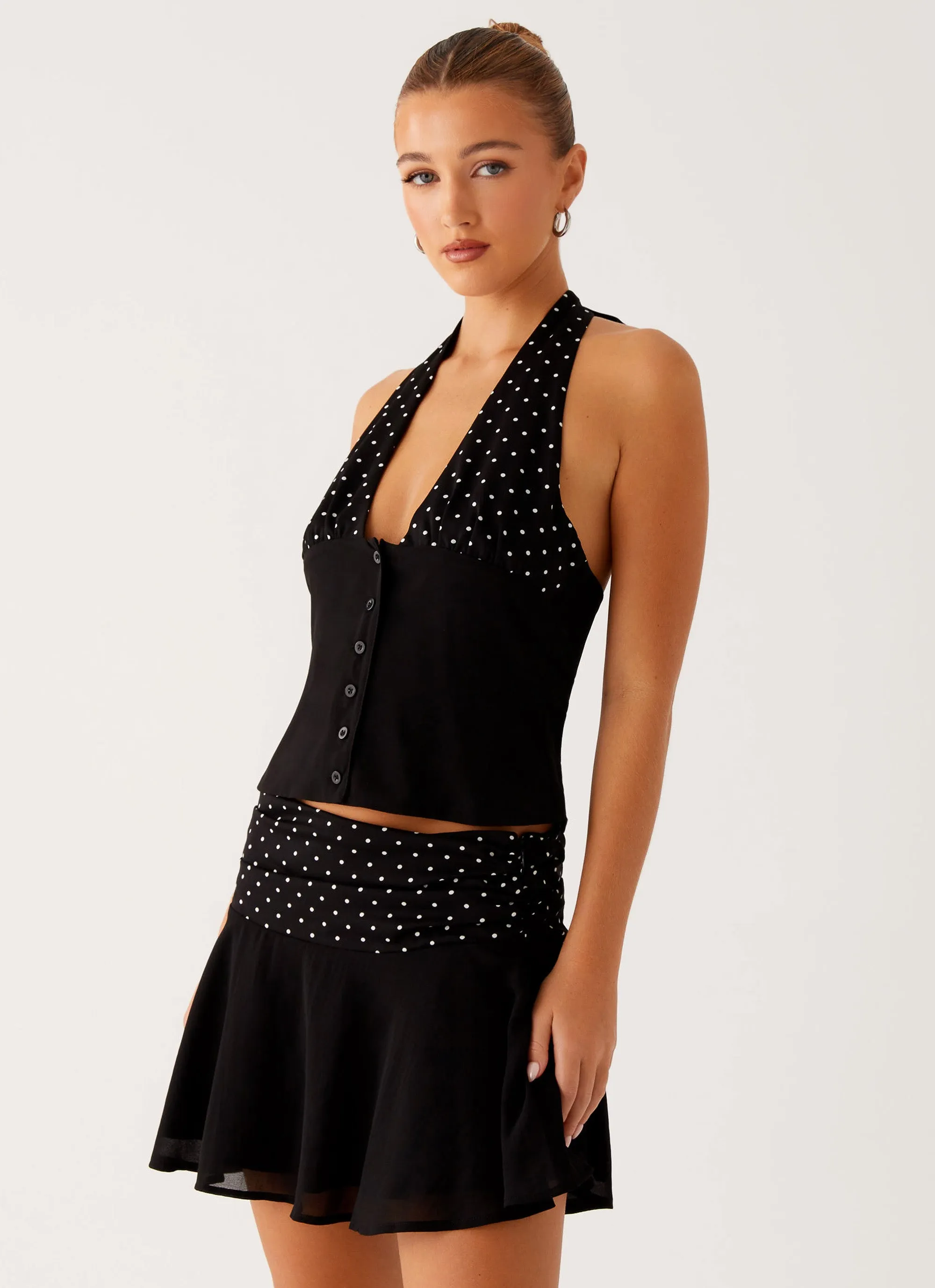 MoistureWicking Brushed Interior Devoted Halterneck Top - Black Polka Dot