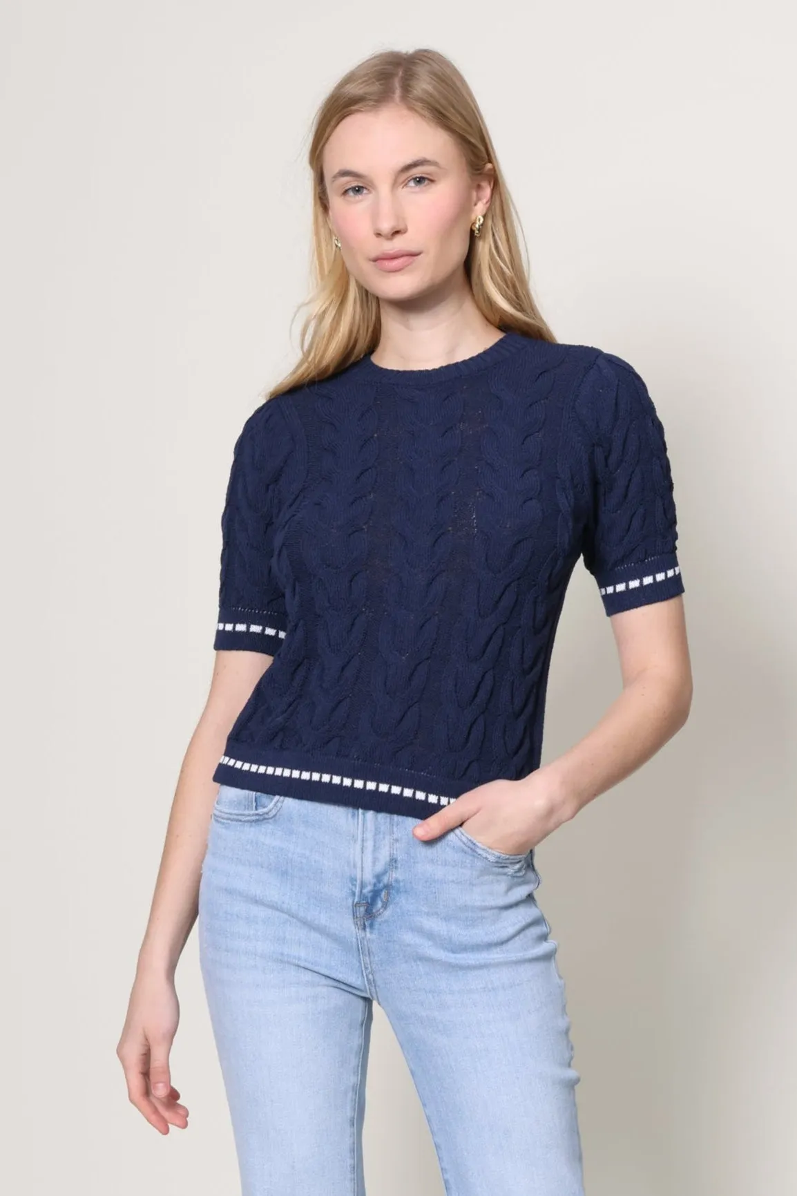 Cable Knit Short Sleeve Sweater GarmentDyed Effect Transitional Style