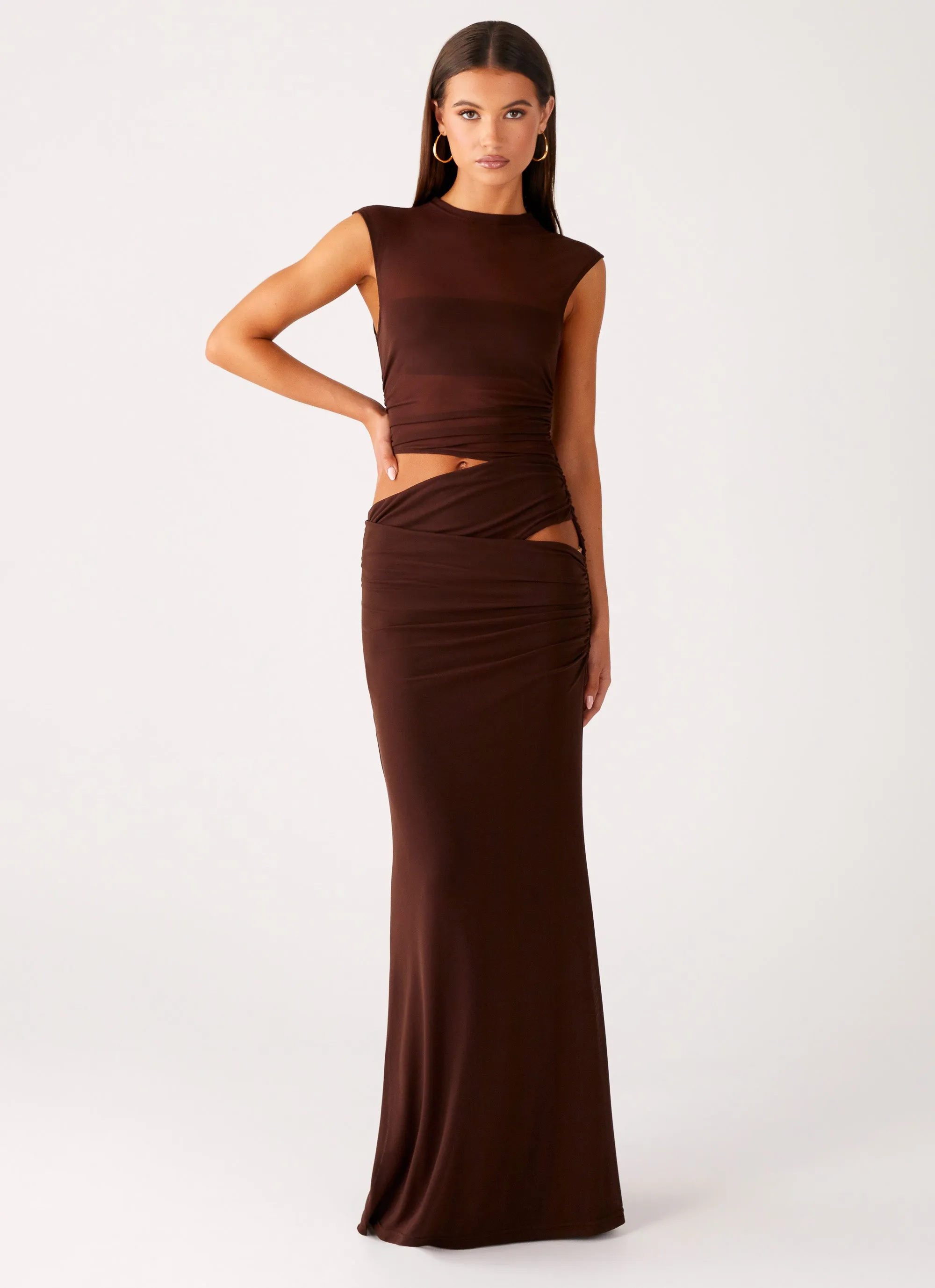 Briony Maxi Dress - Cool Chocolate Shiny Zip Winter Layer