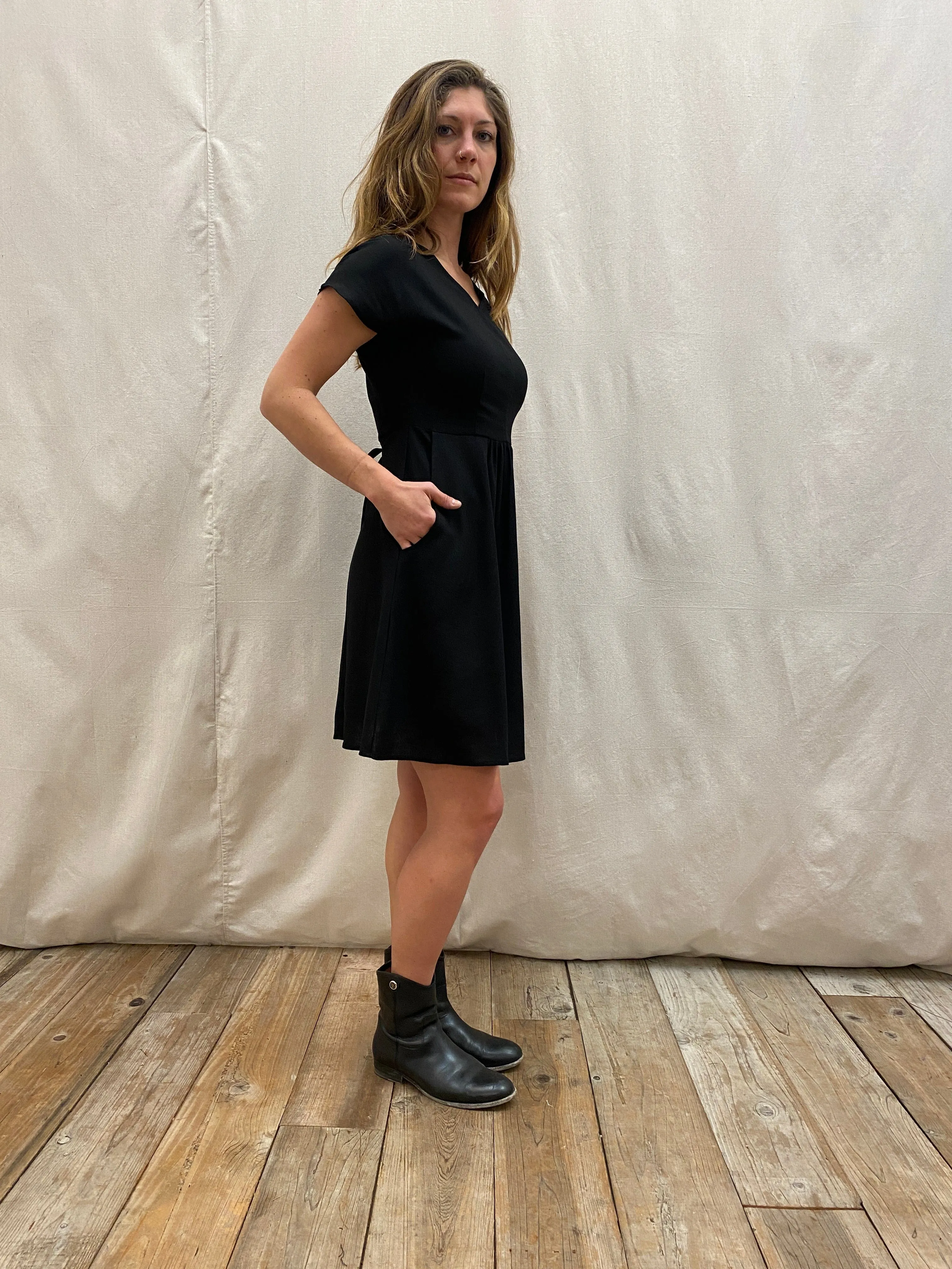 Dolman Dress in Black Linen WideCollarDesign
