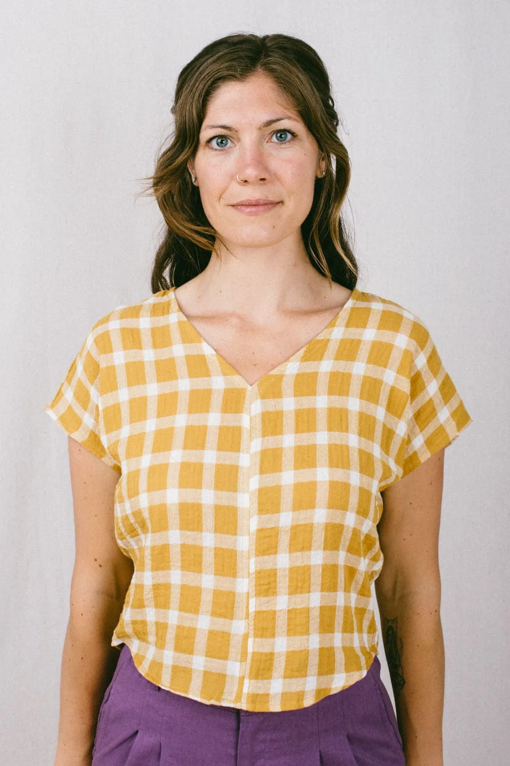 Dolman Top in Marigold Checker AdjustableHemCuffs