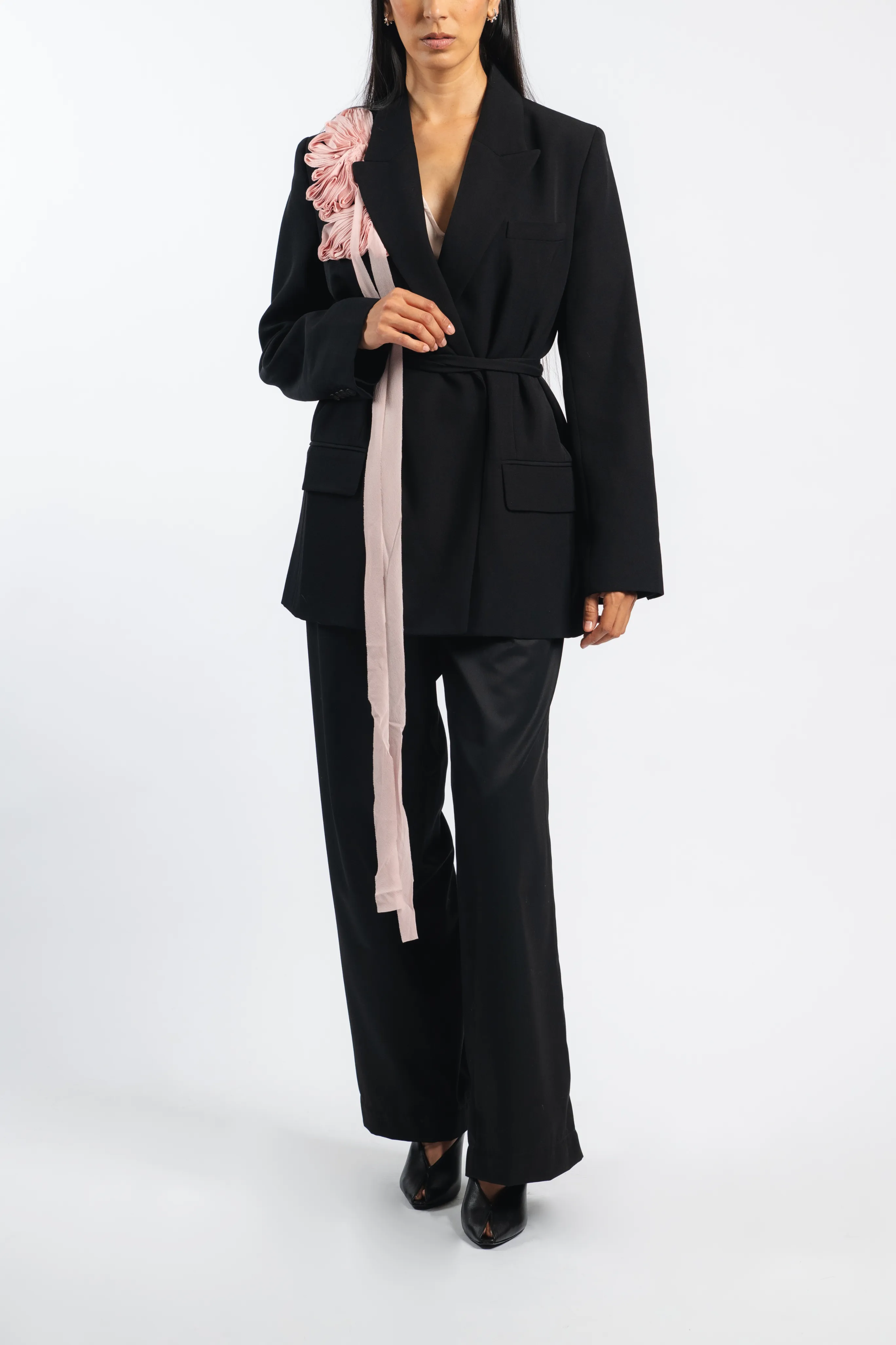 Teflon Finish Double Breasted Belted Blazer