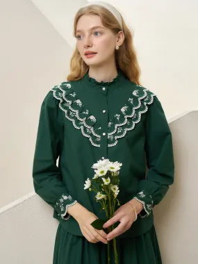 Celia Vintage Embroidered Lace Contrast Panel Cotton Blouse Stylish T-shirt Modern Design