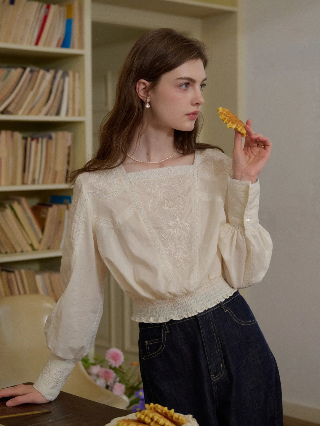 Quick-Dry Fabric Casual Tee Oakley Square Neck Lace Embroidery 100% Cotton Blouse