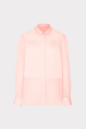 Andy Satin Combo Button Up Blouse Interlock Stitch Detail