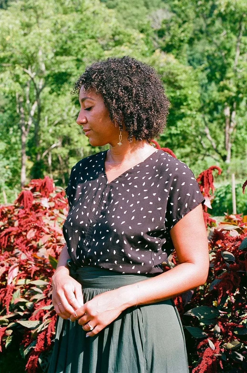 Recycled Polyester Fabric Dolman Top in Abstract Dot