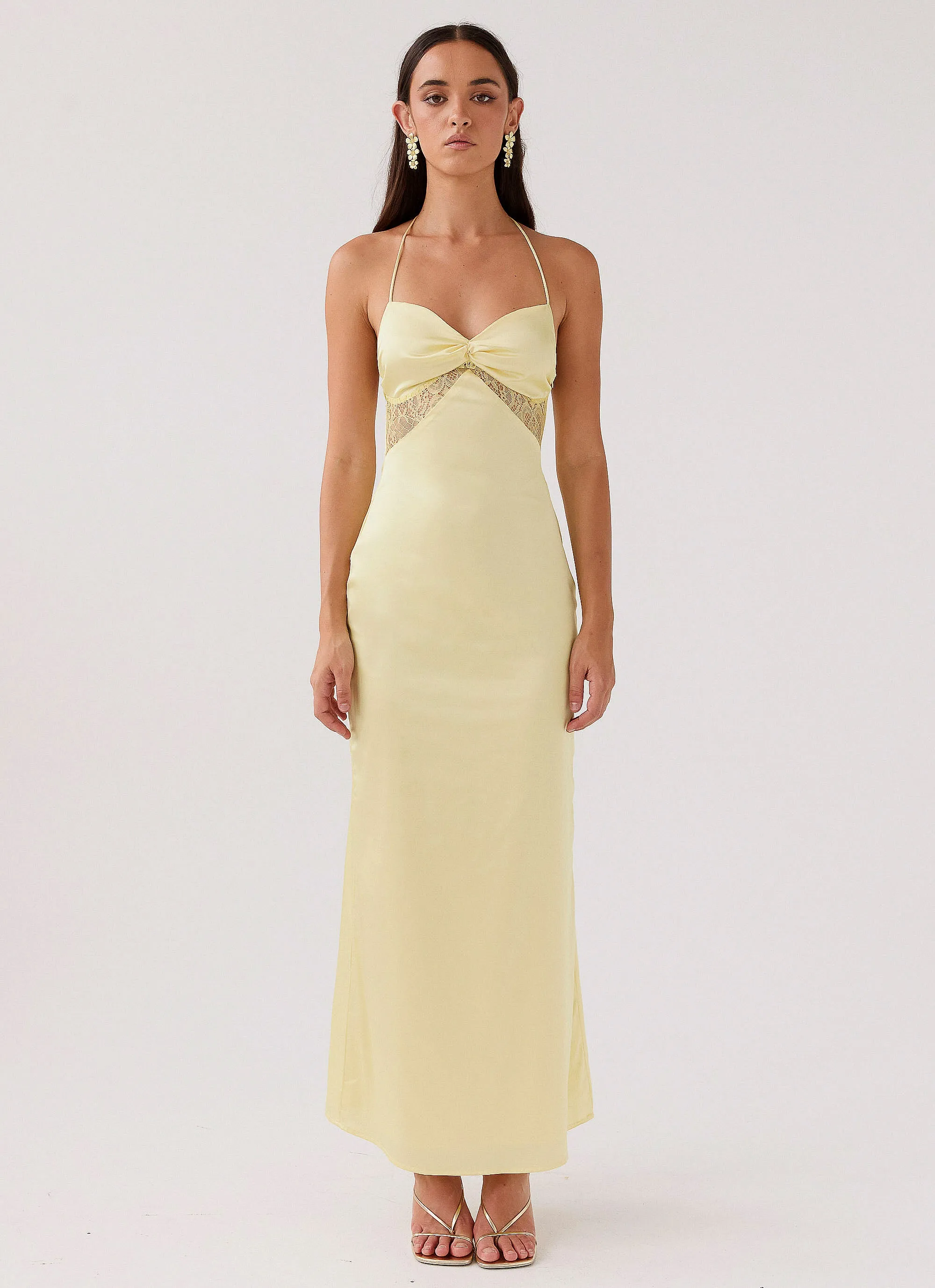 Balanced Tones Dream Sight Lace Satin Maxi Dress - Lemon