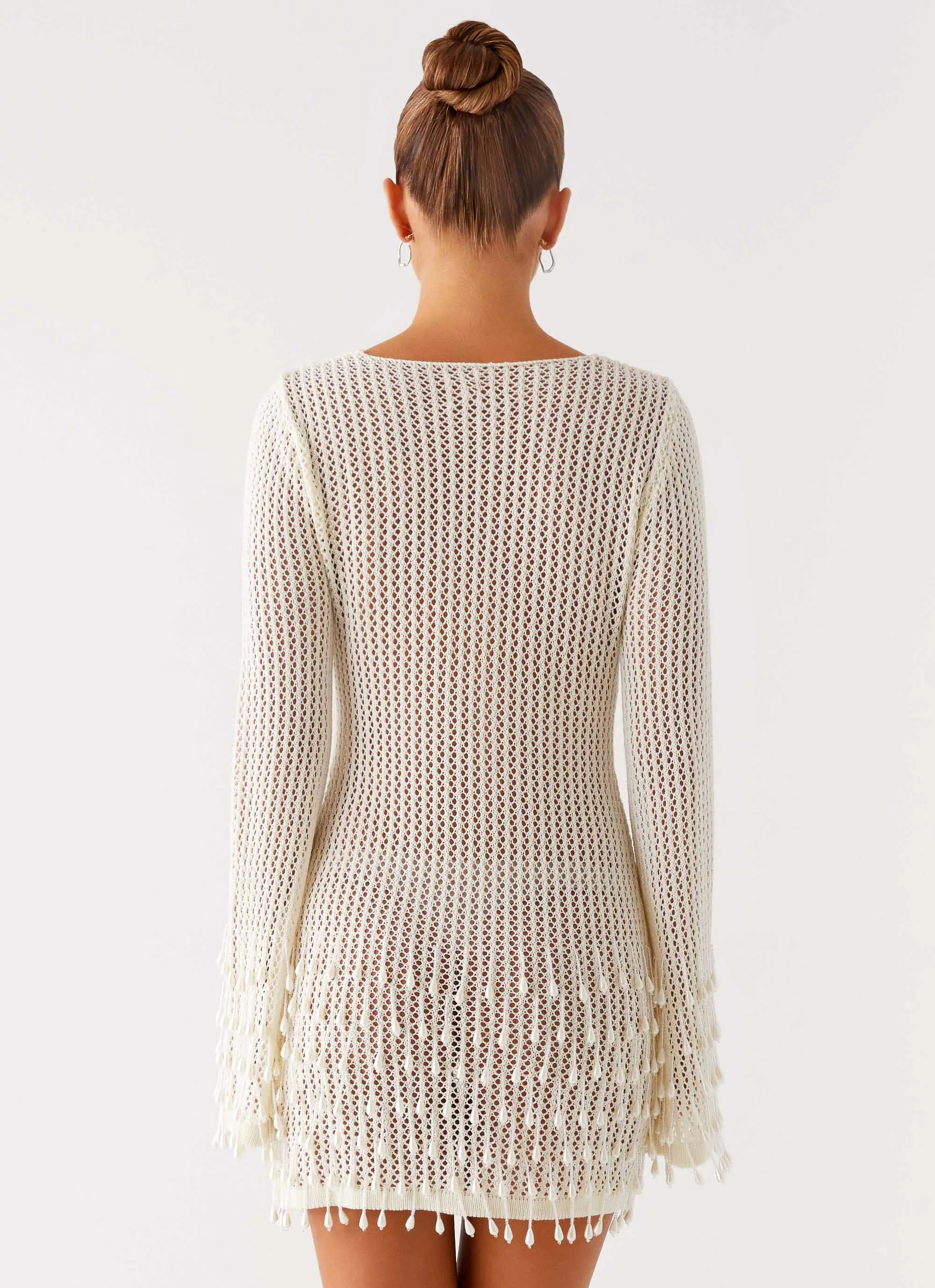 Majestic Beaded Crochet Mini Dress - Ivory Light Fall Luxe style