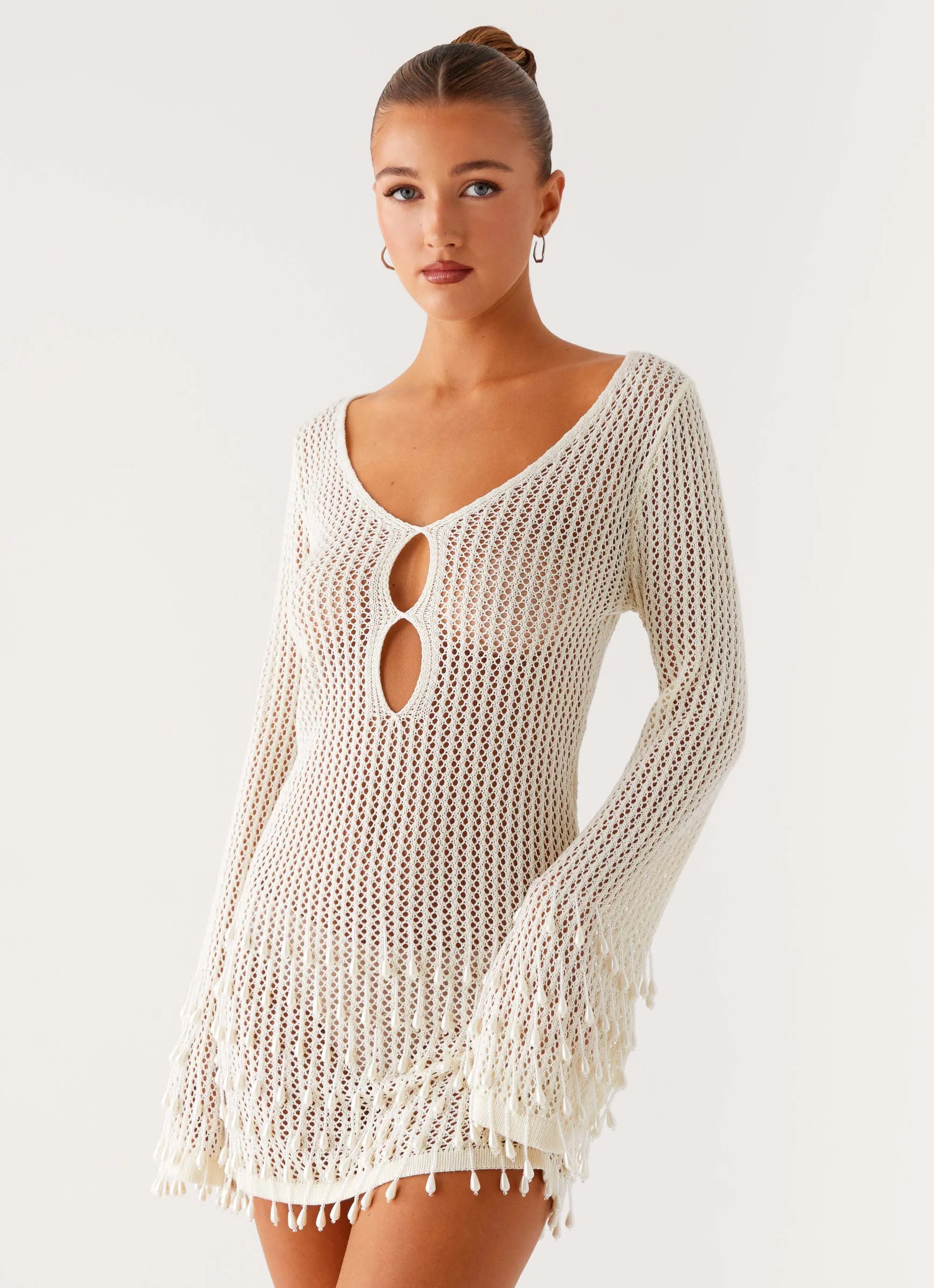 Majestic Beaded Crochet Mini Dress - Ivory light texture