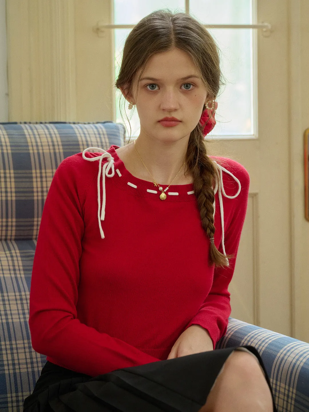 ??Final Sale??Renne Square Neck Bow Knit Top AntiStaticLining