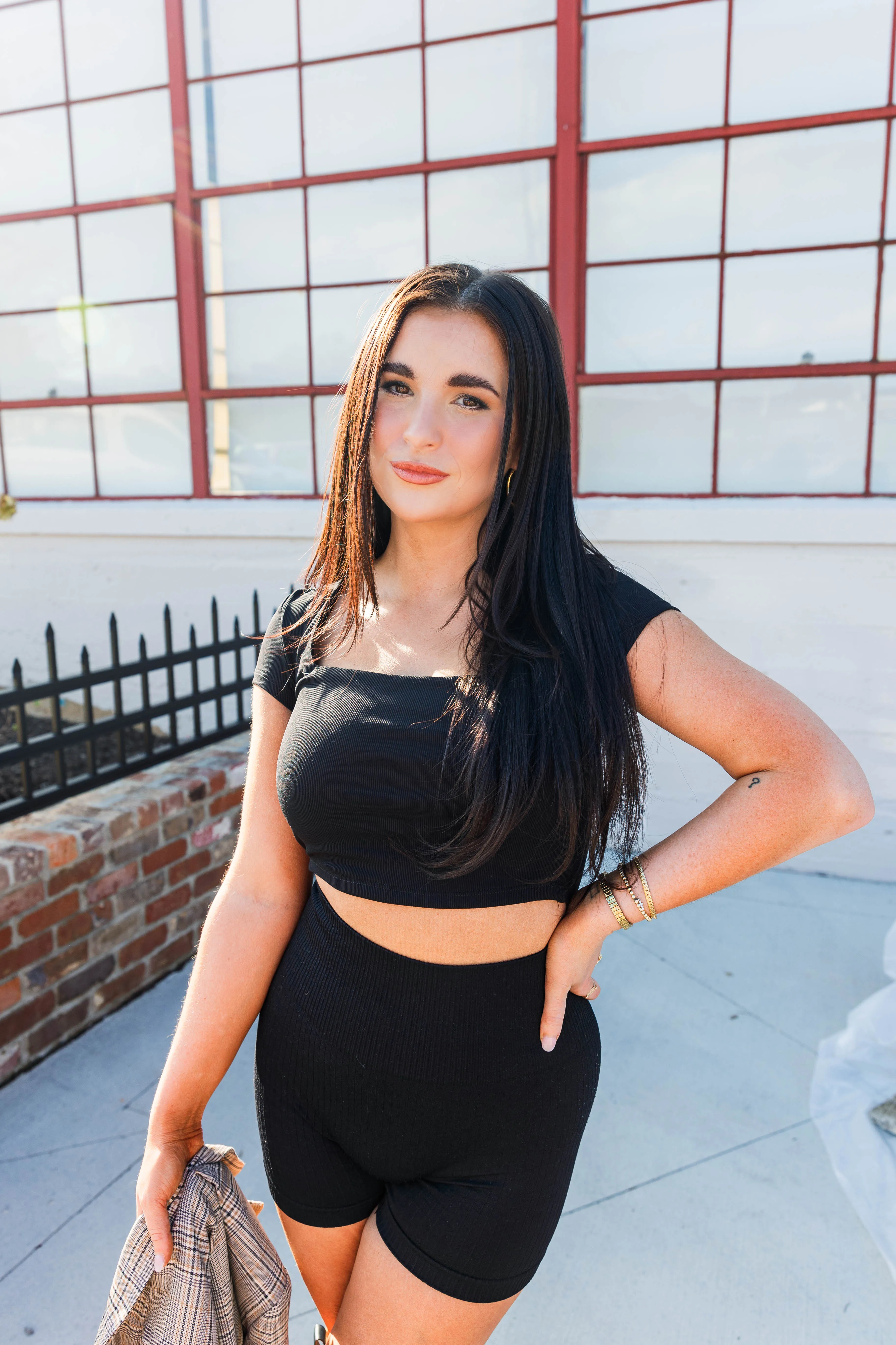 Sleek Ribbed Crop Top- Black Long Sleeve Tee