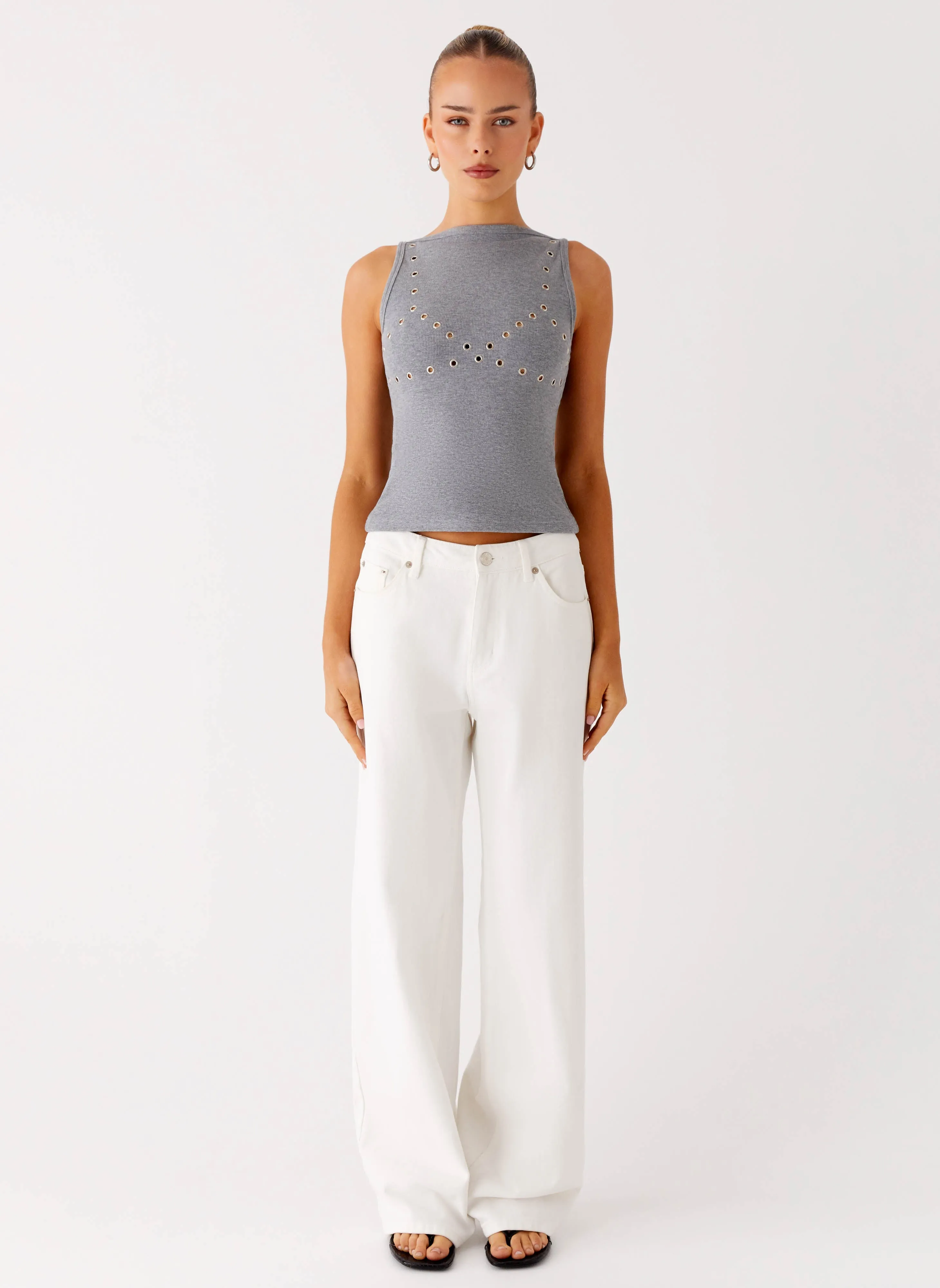 Drop Top Ribbed Eyelet Tank Top - Marle Grey FlexibleCollarStructure